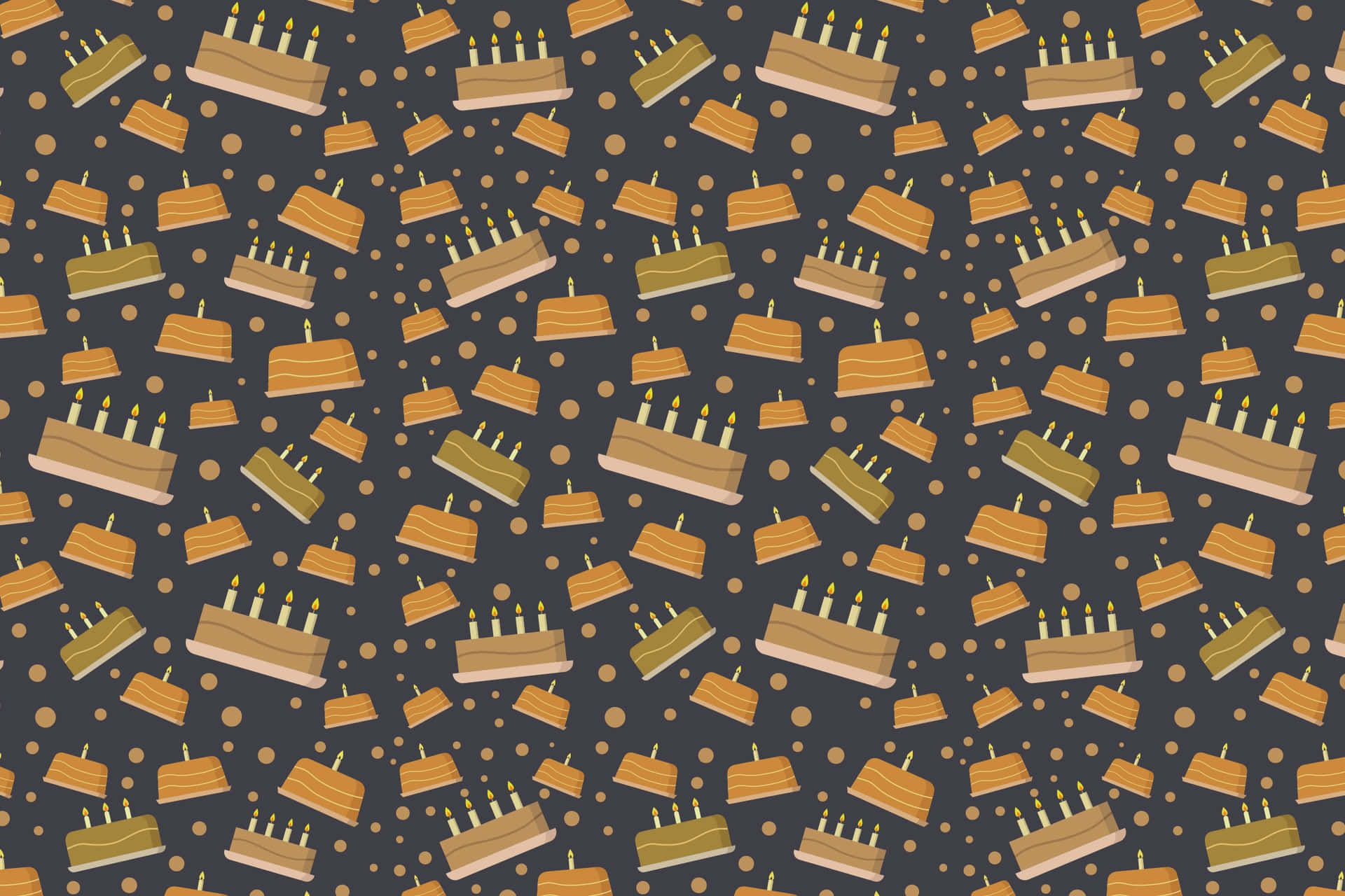 Cake Patterns 壁紙 — 重複圖案：金色生日蛋糕配上點燃的蠟燭，深灰色背景上點綴著小圓點。