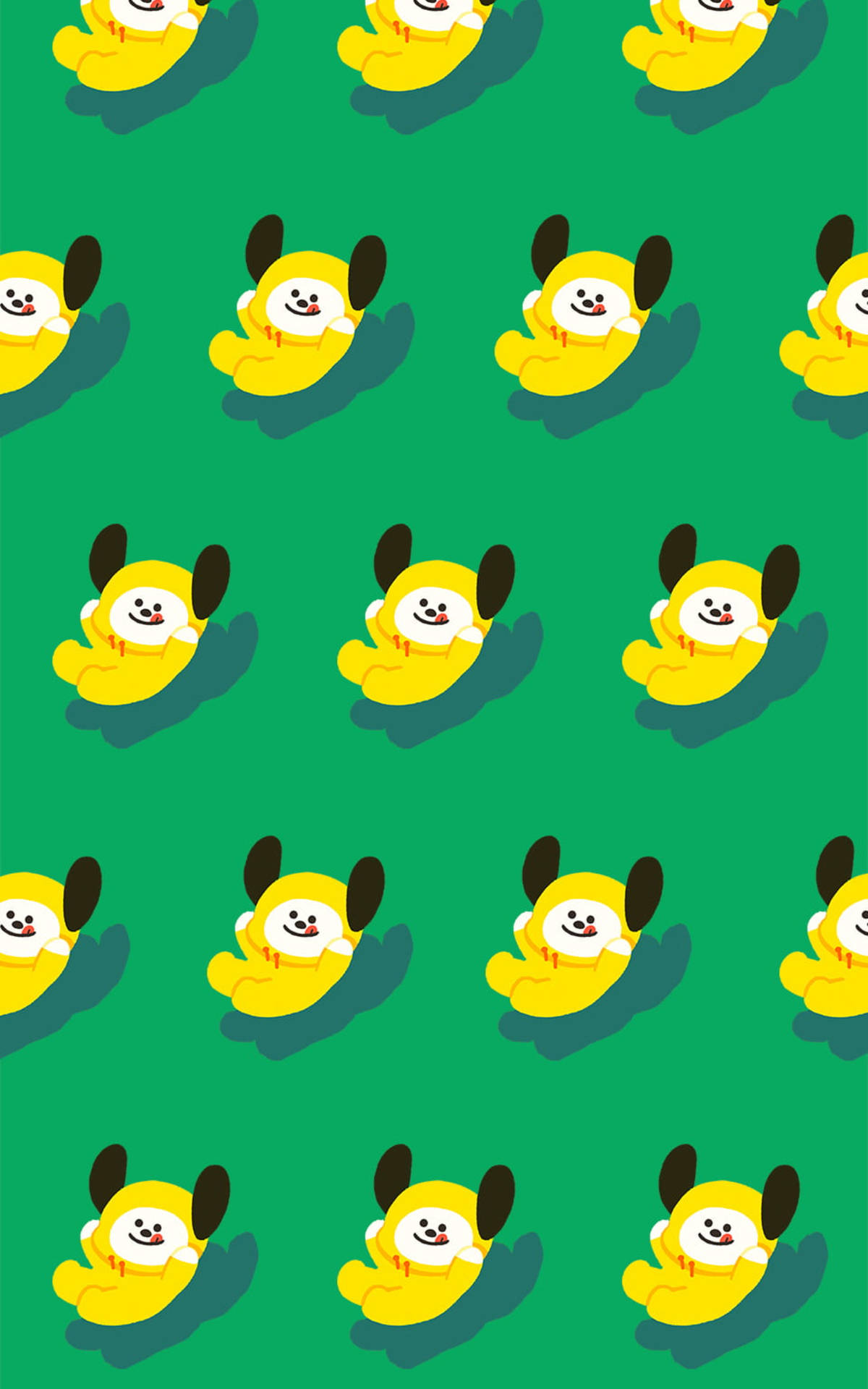 黃色卡通角色帶黑色耳朵漂浮在綠色背景上 — BT21 GIF 壁紙