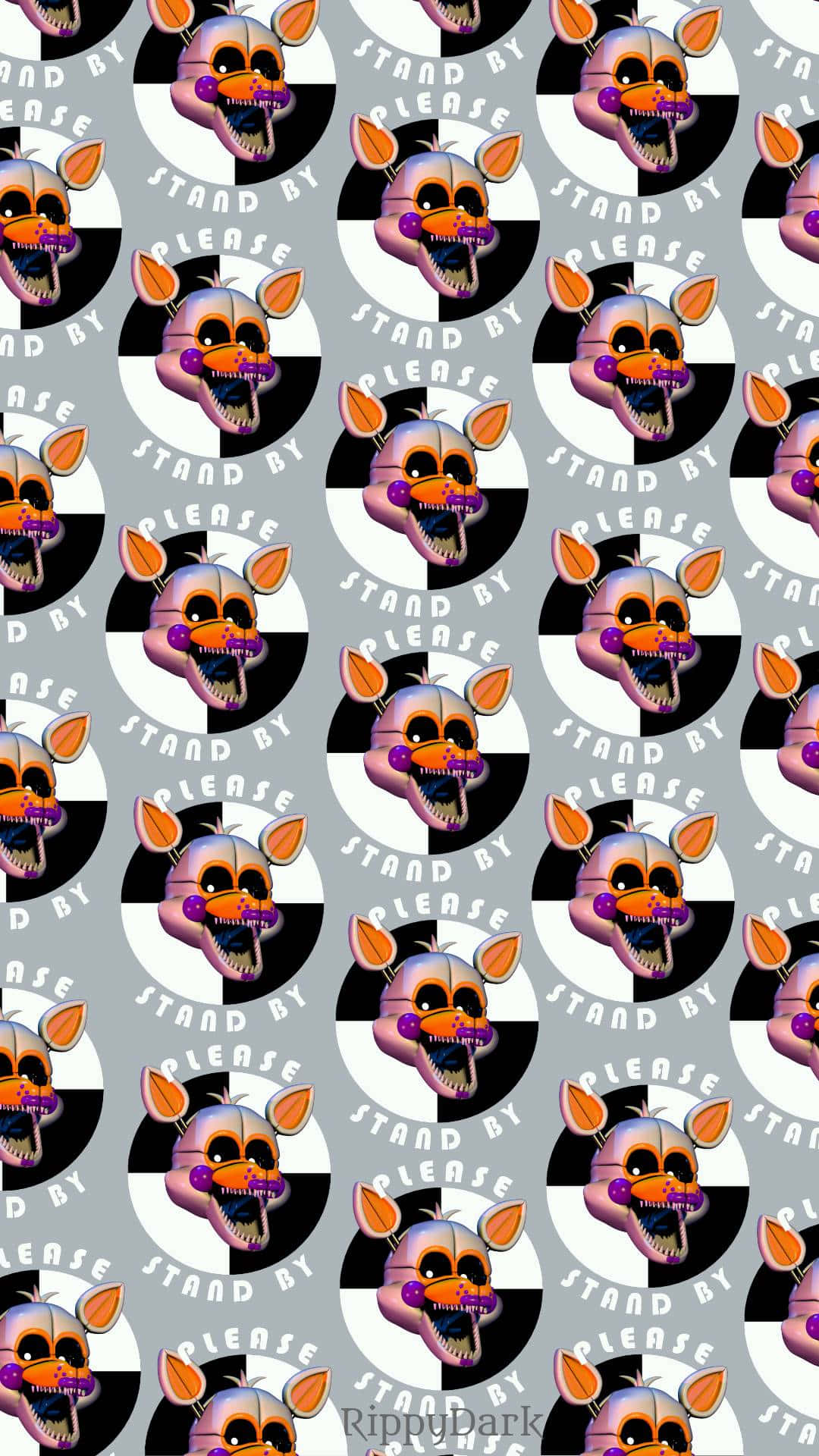 Lolbit 桌布 壁紙 — 重複的 Freddy Fazbear 機械頭部圖案，嘴巴張開，帶有 'STAND BY PLEASE' 文字，背景為格子圖案。