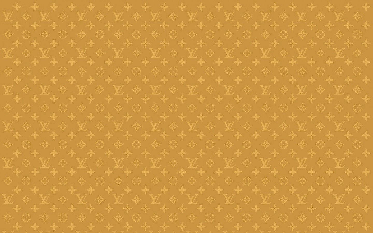 路易威登 桌布 壁紙 — 重複的 Louis Vuitton 金色標誌字母組合圖案，背景為芥末黃色。