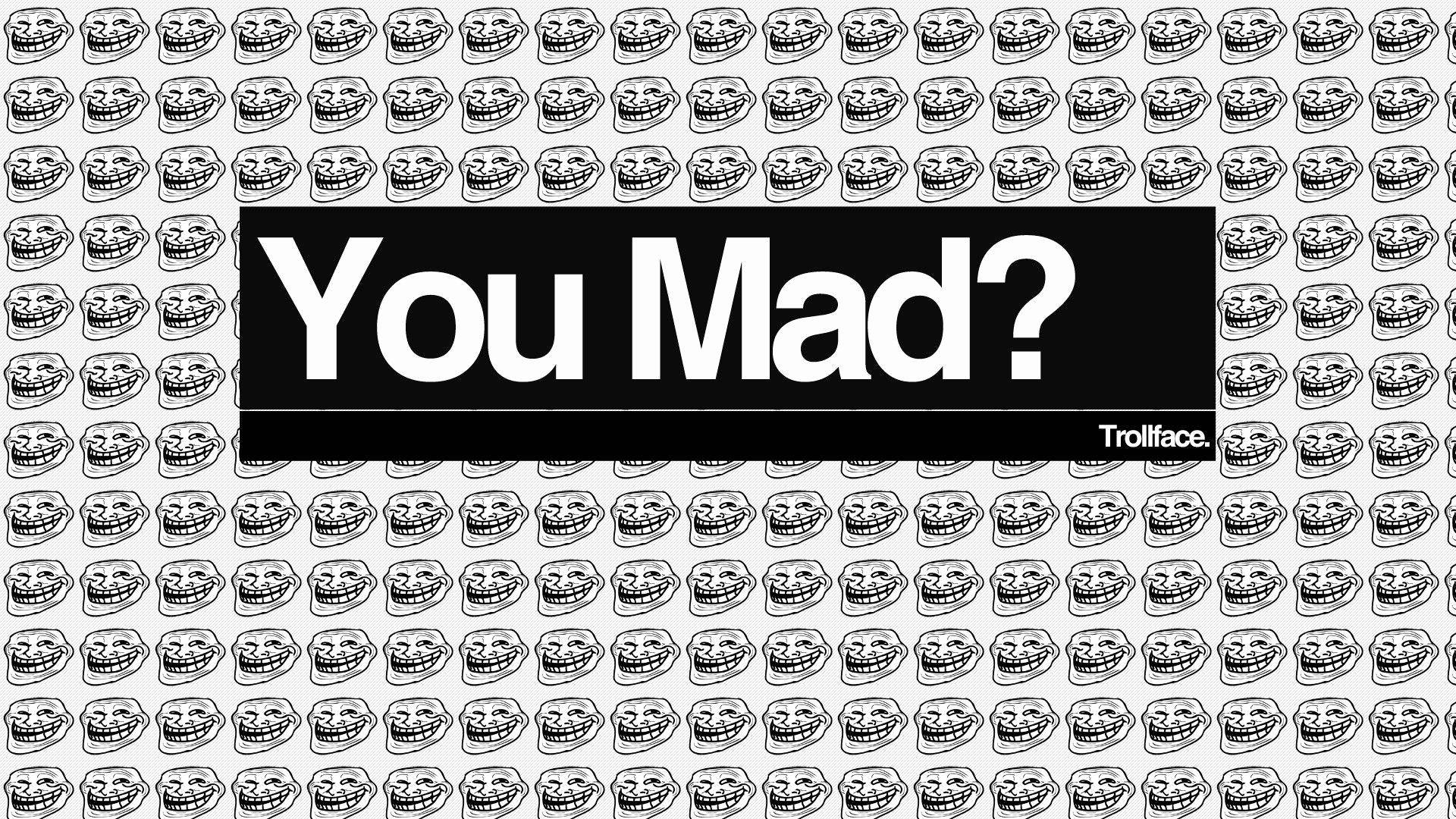 Troll 桌布 壁紙 — 重複的 trollface 迷因圖案，黑色橫條上有粗體白色文字寫著「You Mad?」。