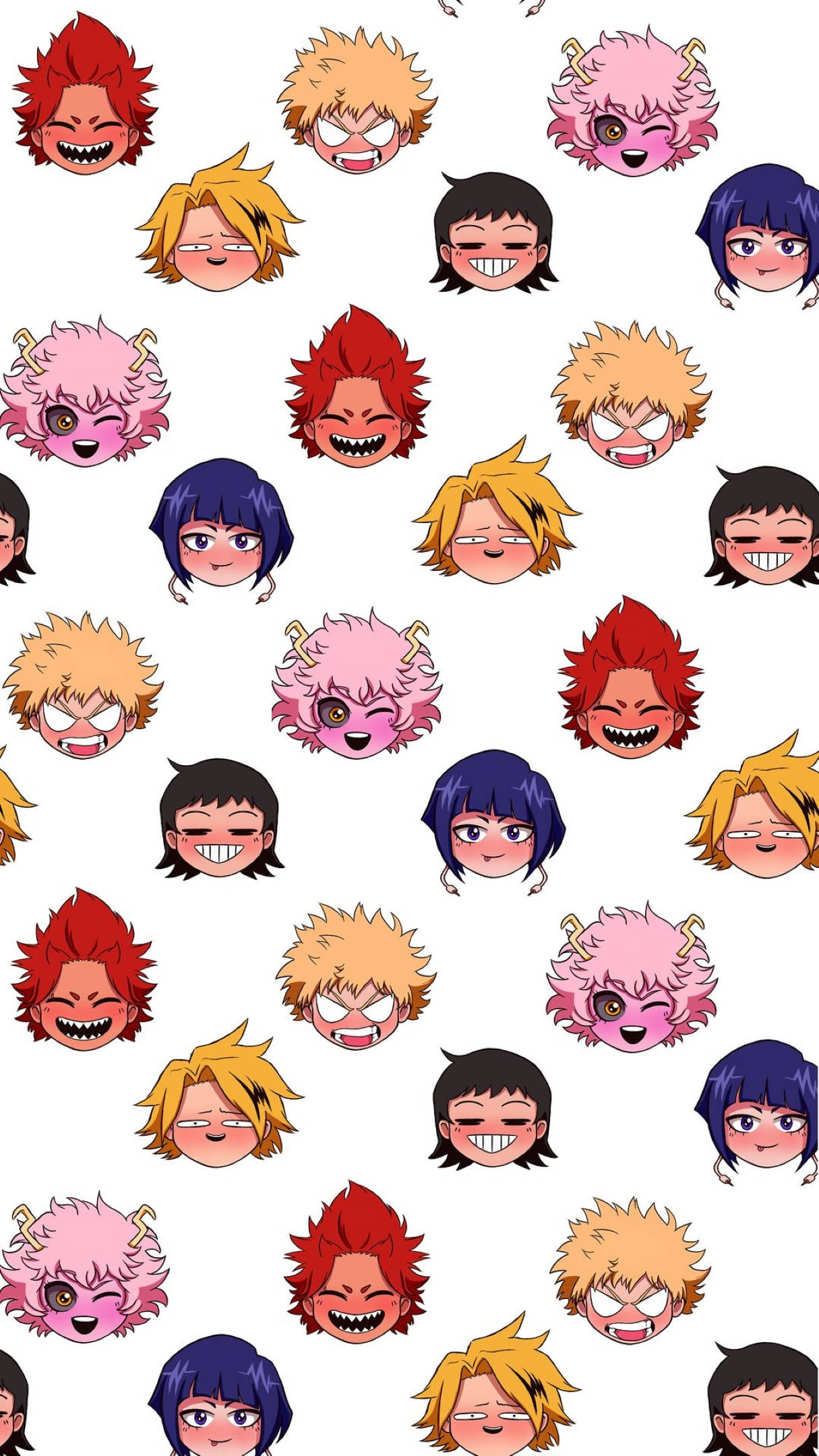 Bakusquad 桌布 壁紙 — 重複的chibi風格動畫角色頭像，帶有不同表情和鮮豔髮色，背景為白色。