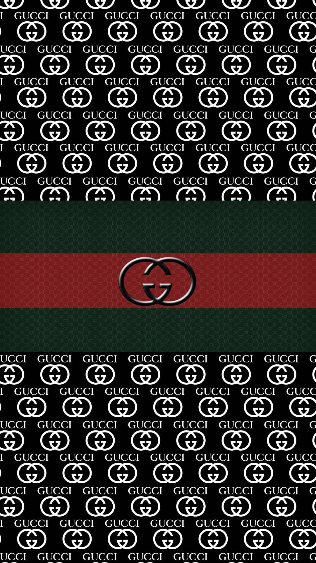 Gucci Pattern 桌布 壁紙 — 重複的Gucci標誌圖案，黑白配色，中央有紅色和綠色條紋，並帶有標誌性的互鎖G標誌。