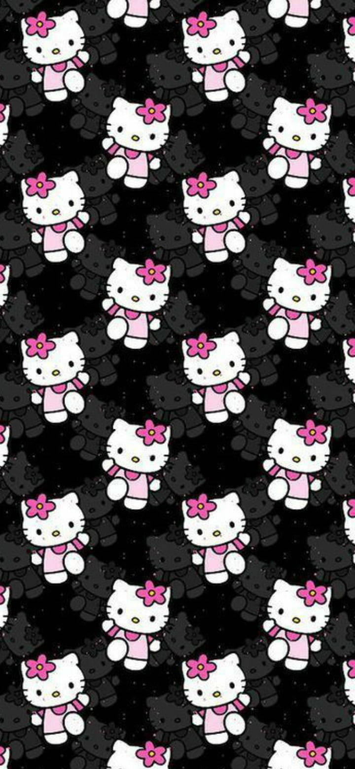 Kitty 桌布 壁紙 — 重複的Hello Kitty角色，戴著粉紅色圍巾和花朵頭帶，在帶有微妙星點的黑底上。