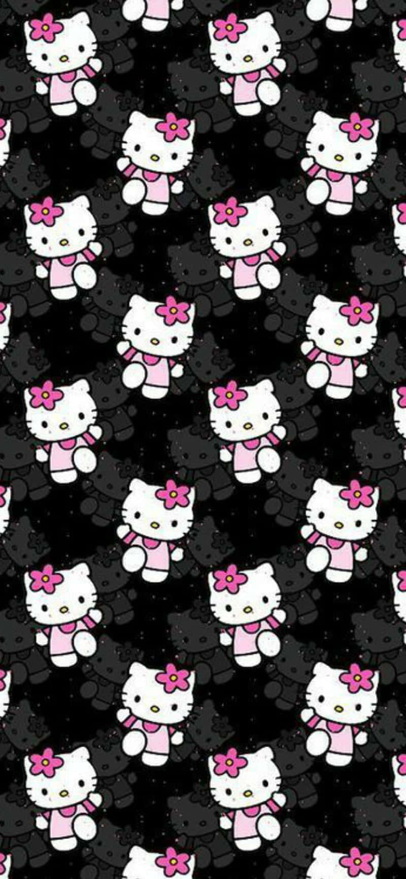 Emo Hello Kitty 桌布 壁紙 — 重複的Hello Kitty角色，戴著粉紅色圍巾和花朵頭帶，在帶有微妙閃粉的黑色背景上。