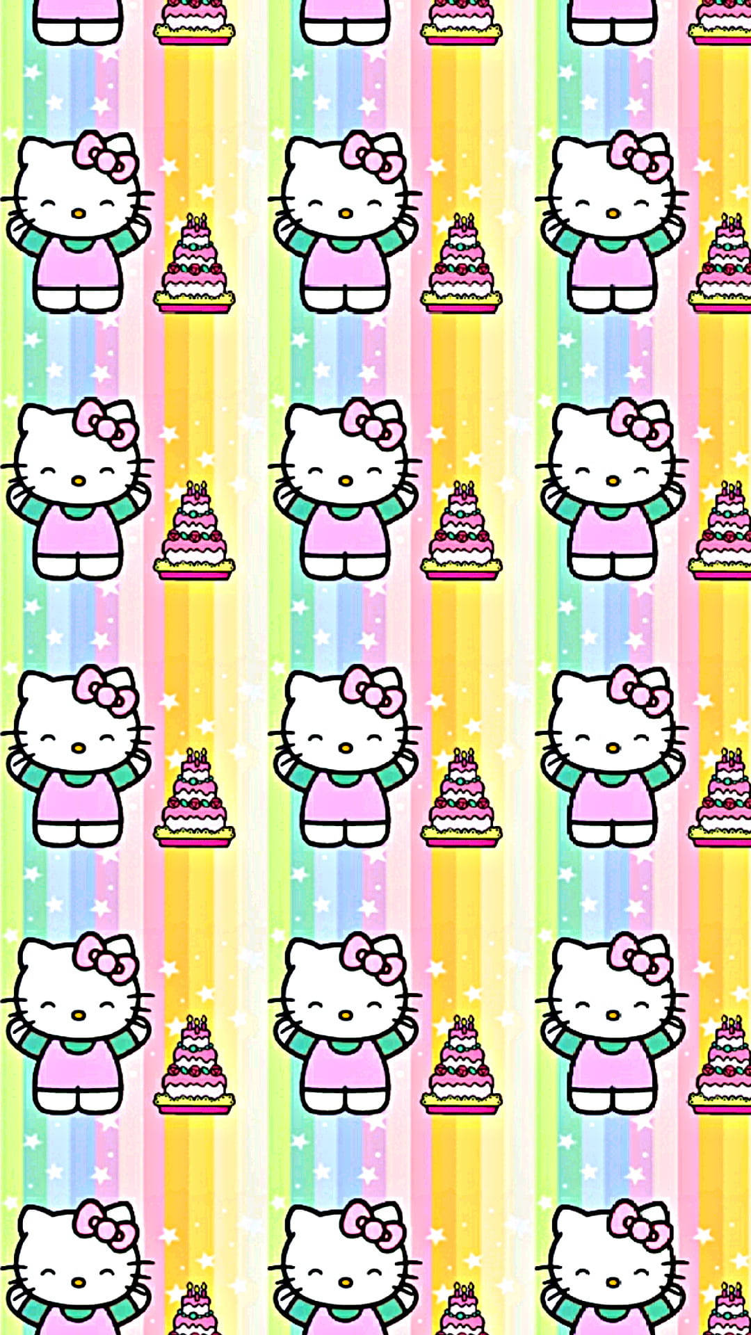 Hello Kitty 桌布 壁紙 — 重複的Hello Kitty角色穿著粉紅色連衣裙，在帶有白色星星的彩虹條紋背景上拿著蛋糕。