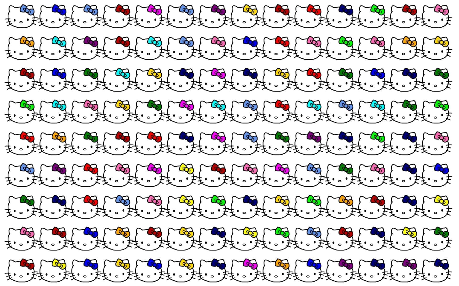 Hello Kitty 桌布 壁紙 — 重複的Hello Kitty面孔網格，帶有彩色蝴蝶結，排列整齊。