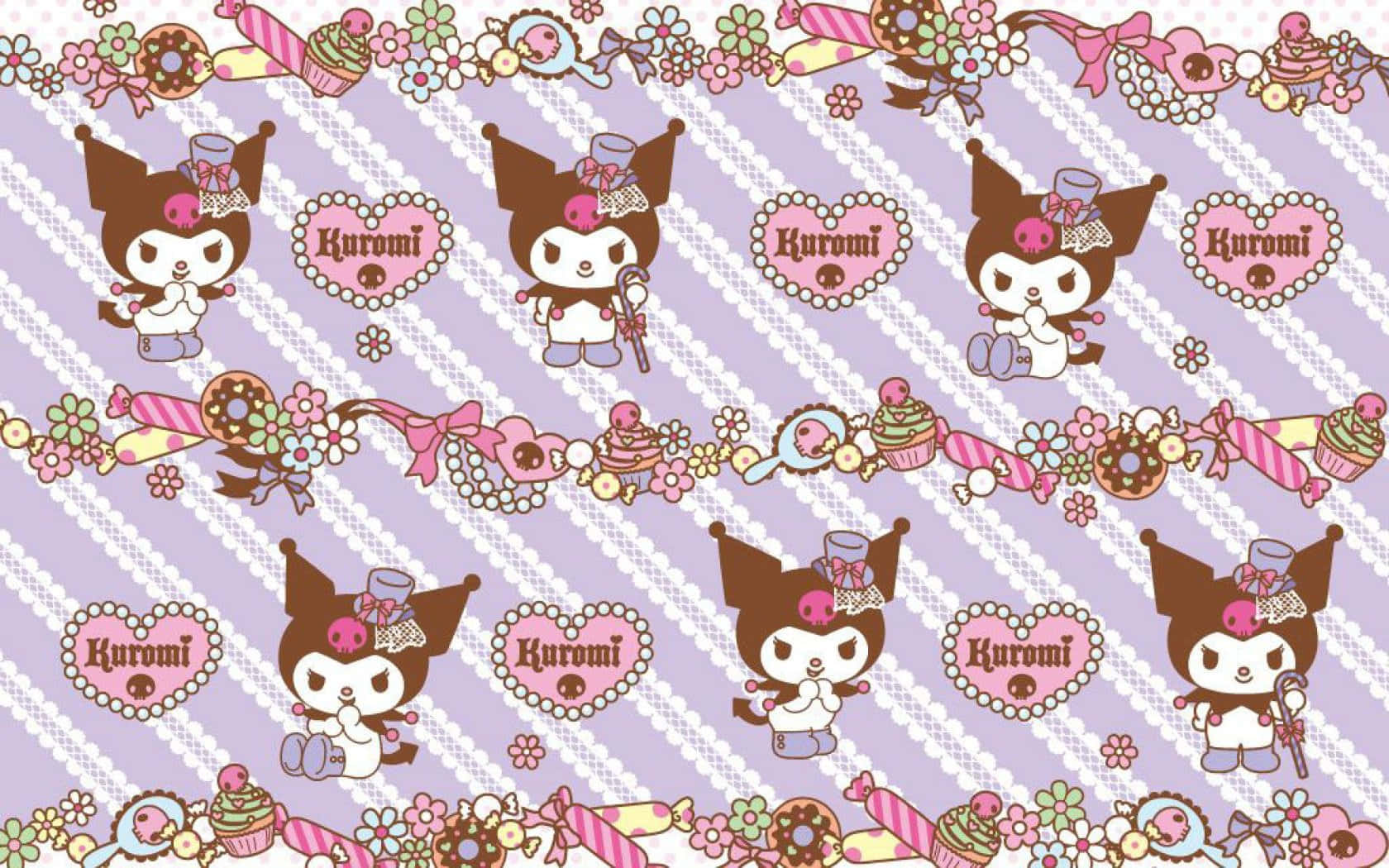 Kuromi Pattern 桌布 壁紙 — 重複的Kuromi角色，以粉紅和紫色糖果主題圖案，搭配斜紋背景。
