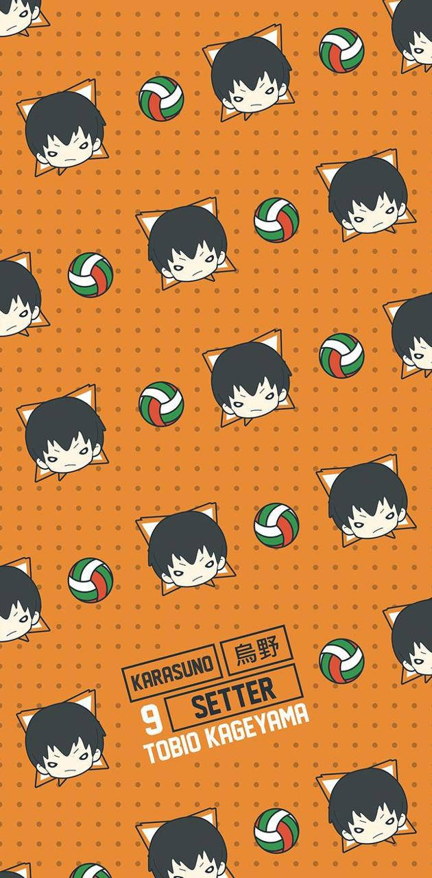 Kageyama 桌布 壁紙 — 重複的Q版動漫角色影山飛雄，在橙色圓點背景上拿著排球。