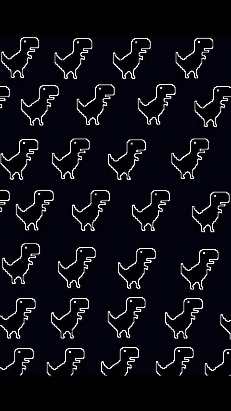 Cute Dinosaur Pattern 桌布 壁紙 — 重複的像素化白色恐龍輪廓在深色背景上形成復古數位圖案。