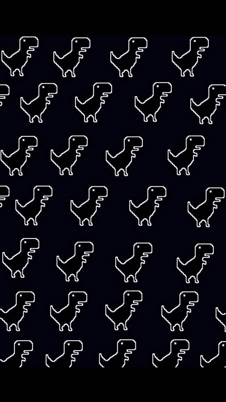 Cute Dinosaur 桌布 壁紙 — 重複的像素化白色恐龍輪廓在純黑色背景上創造出復古數位圖案。
