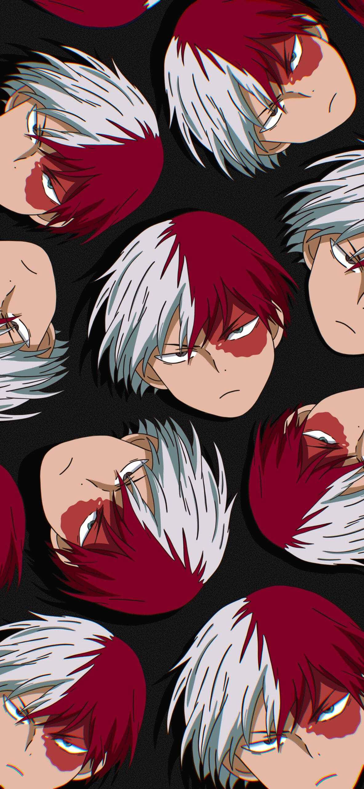 Todoroki Aesthetic 桌布 壁紙 — 重複的動漫角色頭像，白色和紅色頭髮，血絲眼睛，黑色背景。