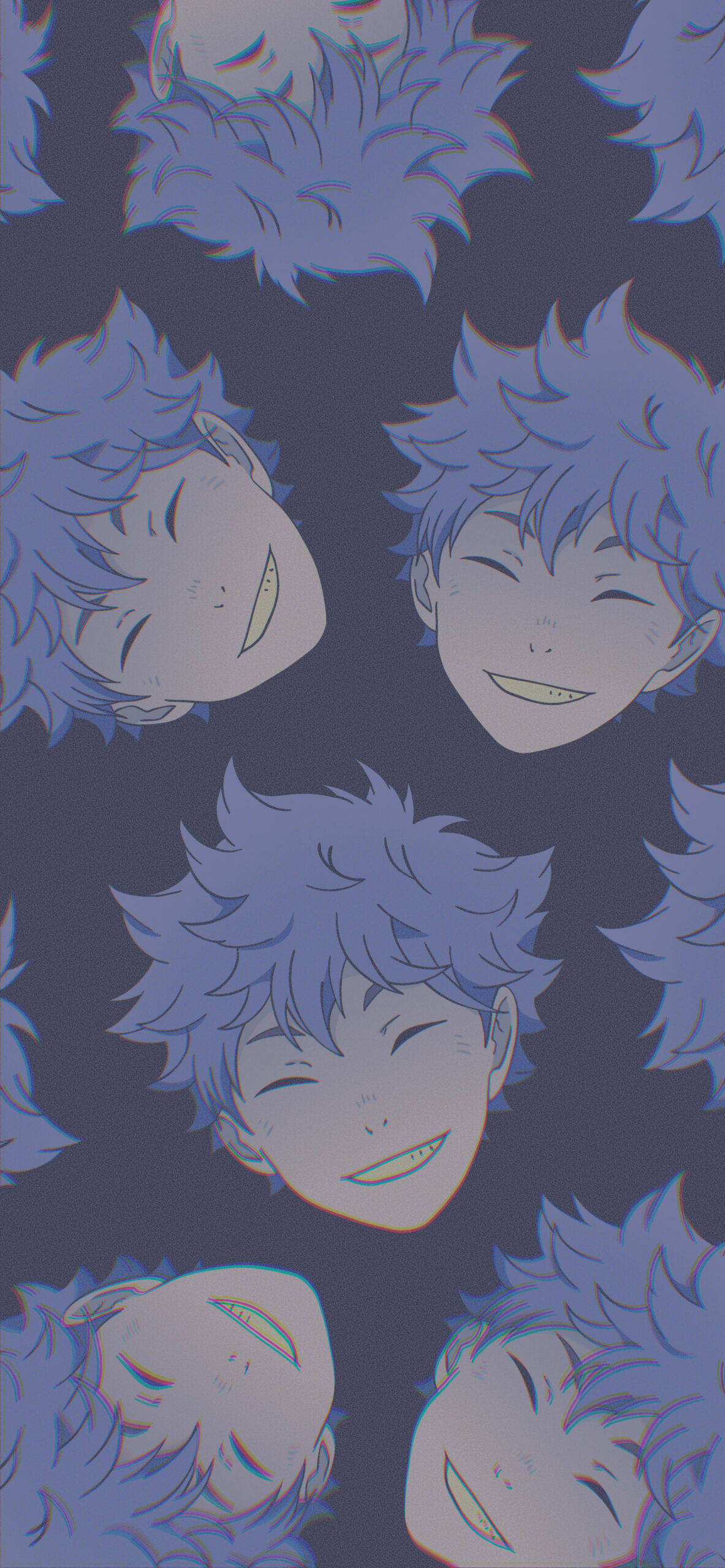 Shoyo Hinata 桌布 壁紙 — 重複的動漫面孔，帶有尖刺的藍色頭髮和快樂的笑容，漂浮在深藍色背景上。
