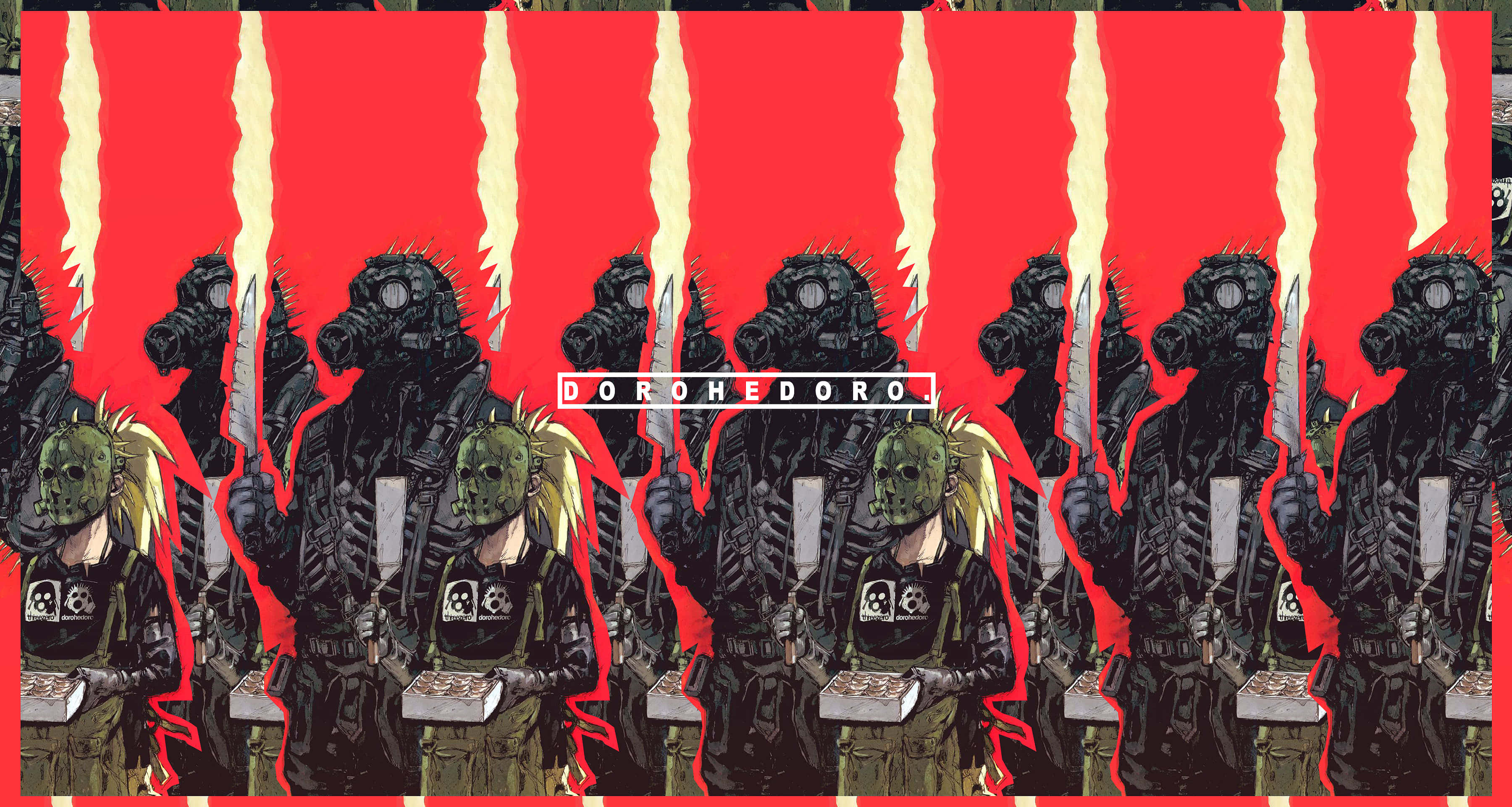 dorohedoro 桌布 壁紙 — 重複的動漫風格士兵，戴著防毒面具和盔甲，站在帶有黃色條紋的鮮紅色背景前。