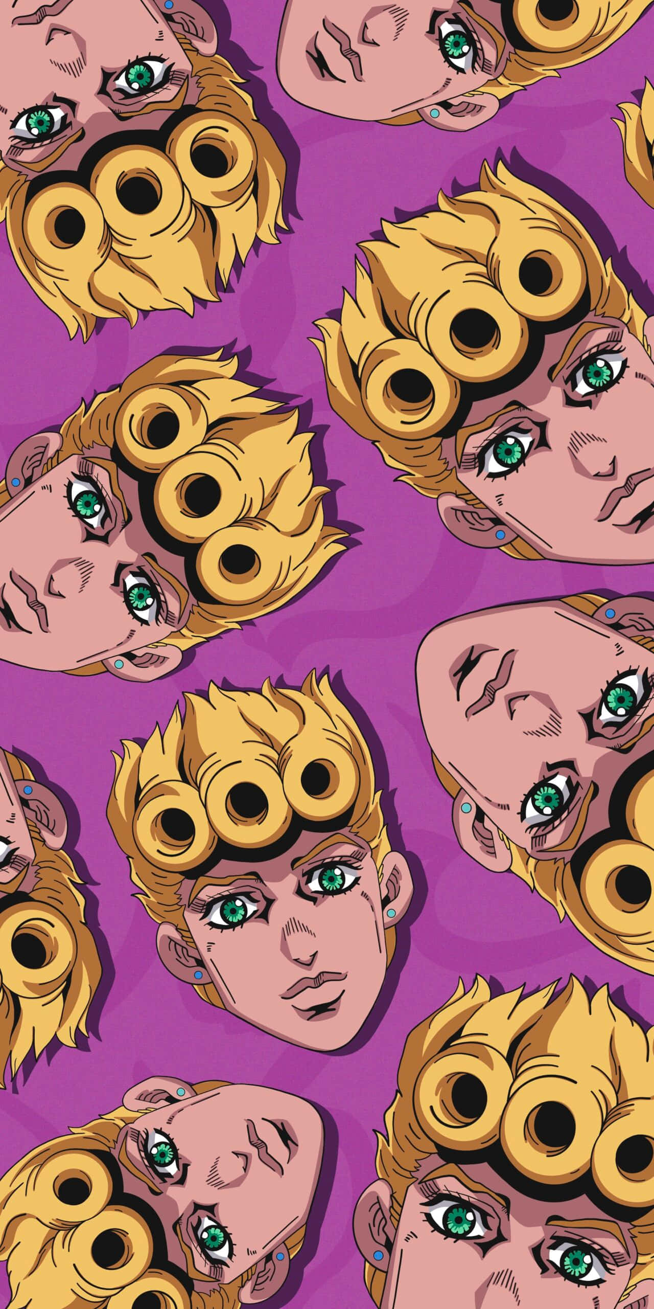 Jojo's Bizarre Adventure 桌布 壁紙 — 重複的動畫角色面孔，金色頭髮和綠色眼睛，在充滿活力的紫色背景上。