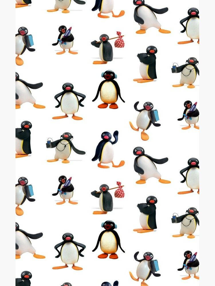 Pingu 桌布 壁紙 — 重複的卡通企鵝圖案，以各種姿勢拿著物品，背景為純白色。