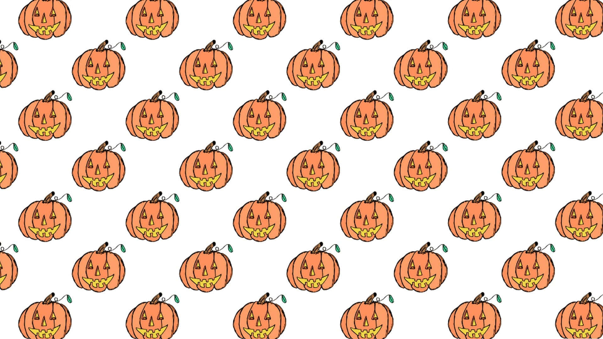 Aesthetic Halloween 桌布 壁紙 — 重複的卡通南瓜燈，帶有寬闊的笑容和綠色莖，在乾淨的白色背景上。