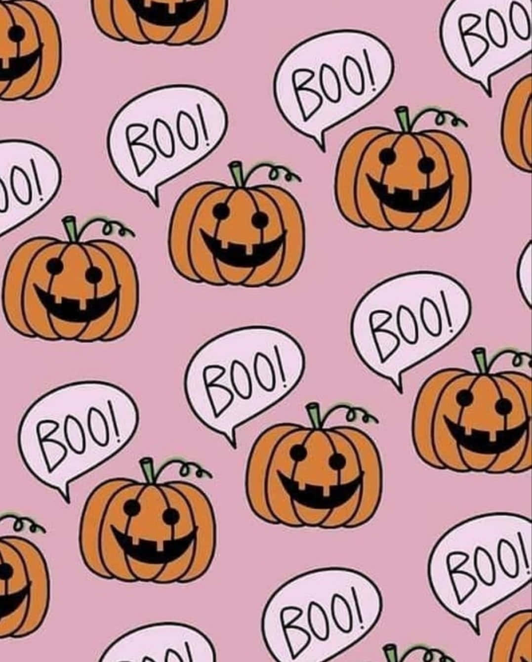 Cute Pumpkin iPhone 桌布 壁紙 — 重複的卡通南瓜燈，露出牙齒的笑容和對話氣泡，上面寫著「BOO!」，背景是柔和的粉紅色。