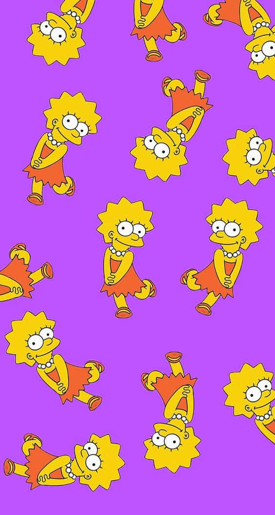 Simpsons Aesthetic 桌布 壁紙 — 重複的卡通女孩，黃色尖刺頭髮和紅色連衣裙，在充滿活力的紫色背景上。