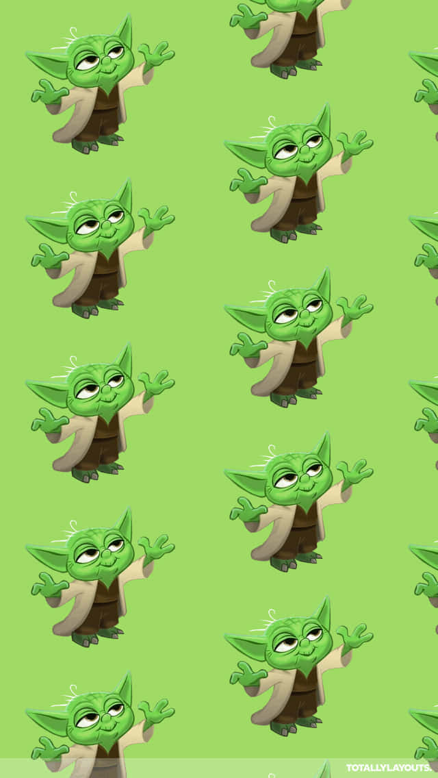 Cartoon Yoda 桌布 壁紙 — 重複的卡通尤達角色，雙臂伸展，背景為純綠色。