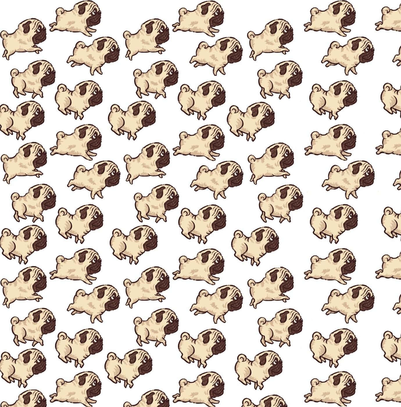 Kawaii Dog 桌布 壁紙 — 重複的卡通巴哥犬以米色和棕色在乾淨的白色背景上奔跑，形成無縫圖案。