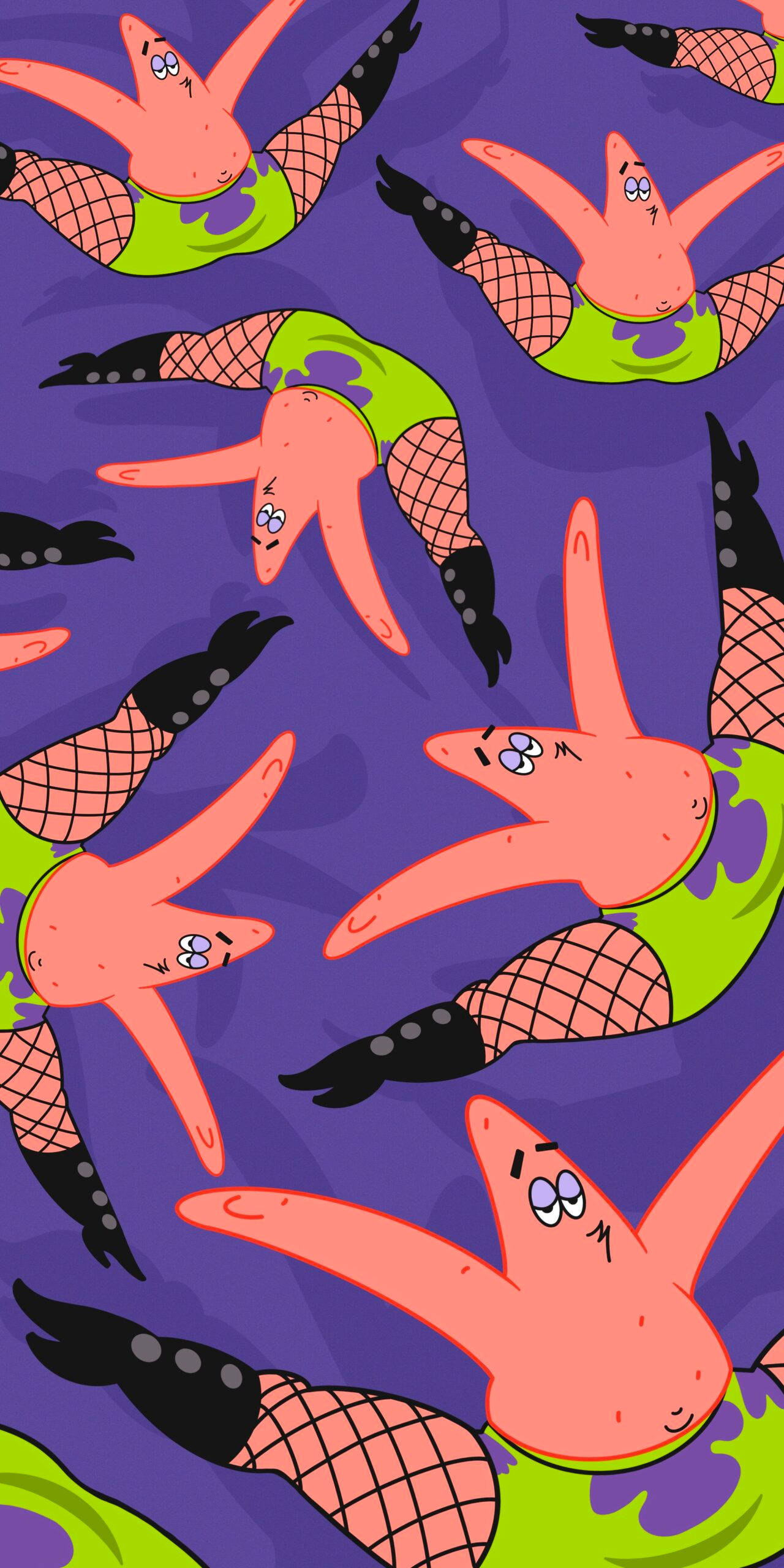 Funny Patrick 桌布 壁紙 — 重複的卡通海星穿著綠色服裝和漁網襪，漂浮在深紫色背景上。