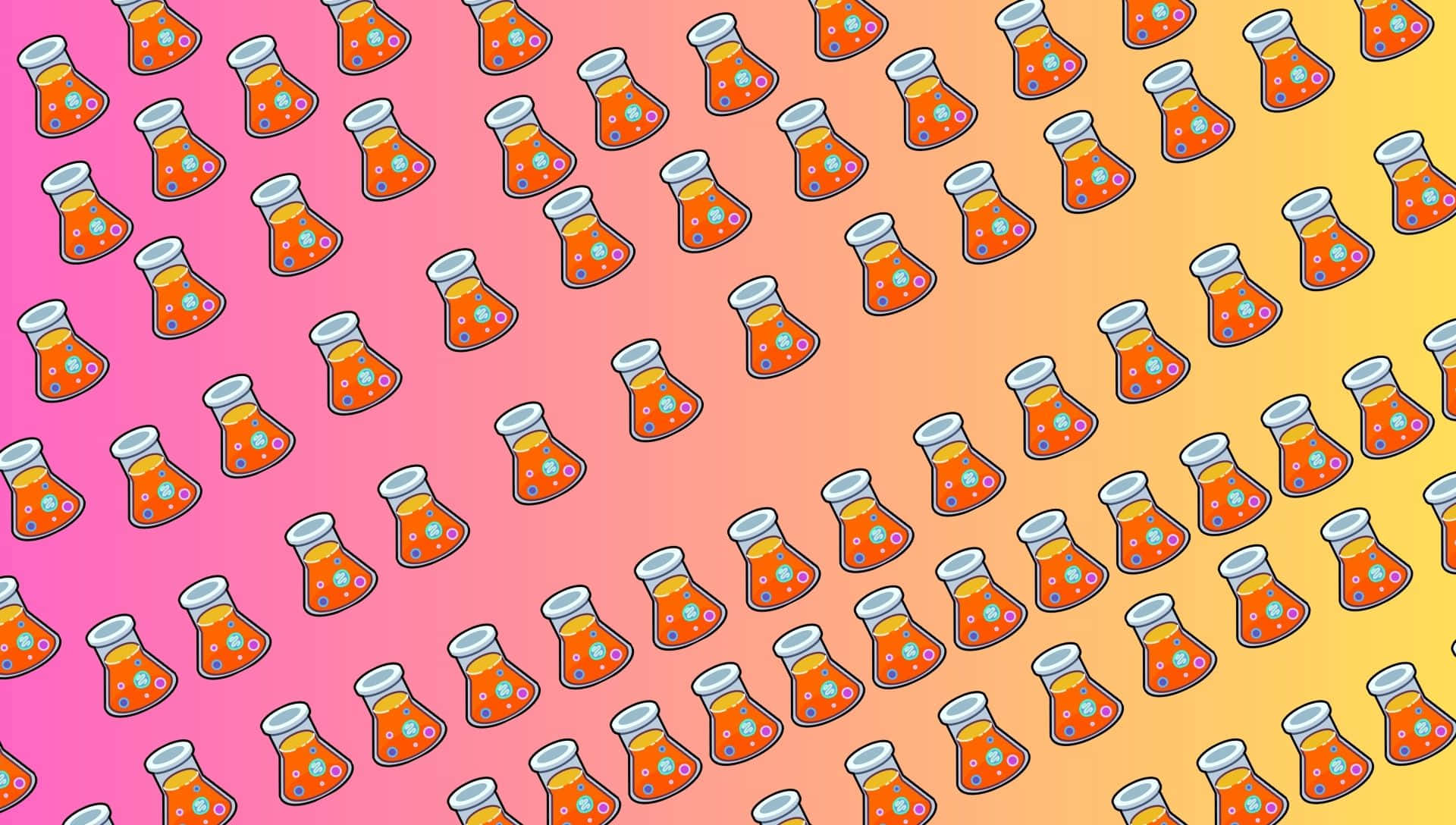 Love Potion 桌布 壁紙 — 重複的卡通燒杯裝滿橙色液體和漂浮的氣泡，背景為粉紅到黃色漸變。