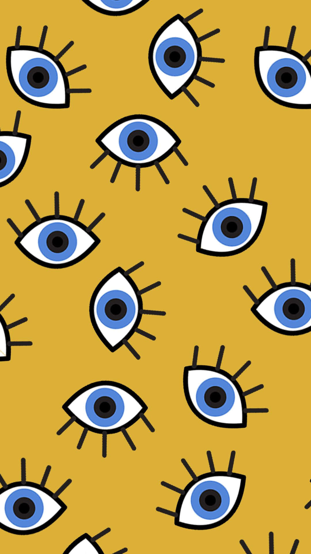 Evil Eye 桌布 壁紙 — 重複的卡通眼睛，藍色虹膜和黑色睫毛，芥末黃色背景。