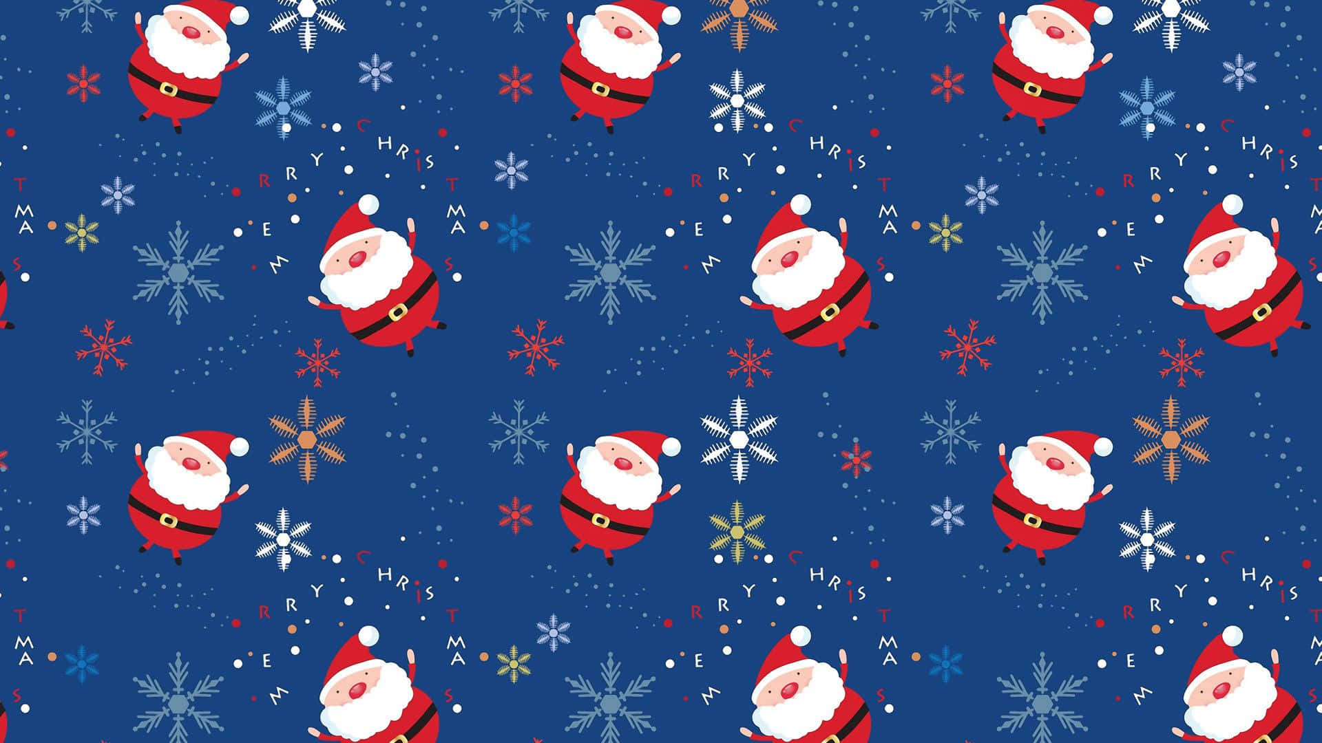 Christmas Pattern 桌布 壁紙 — 重複的卡通聖誕老人公仔和雪花在深藍色節日背景上舞動。