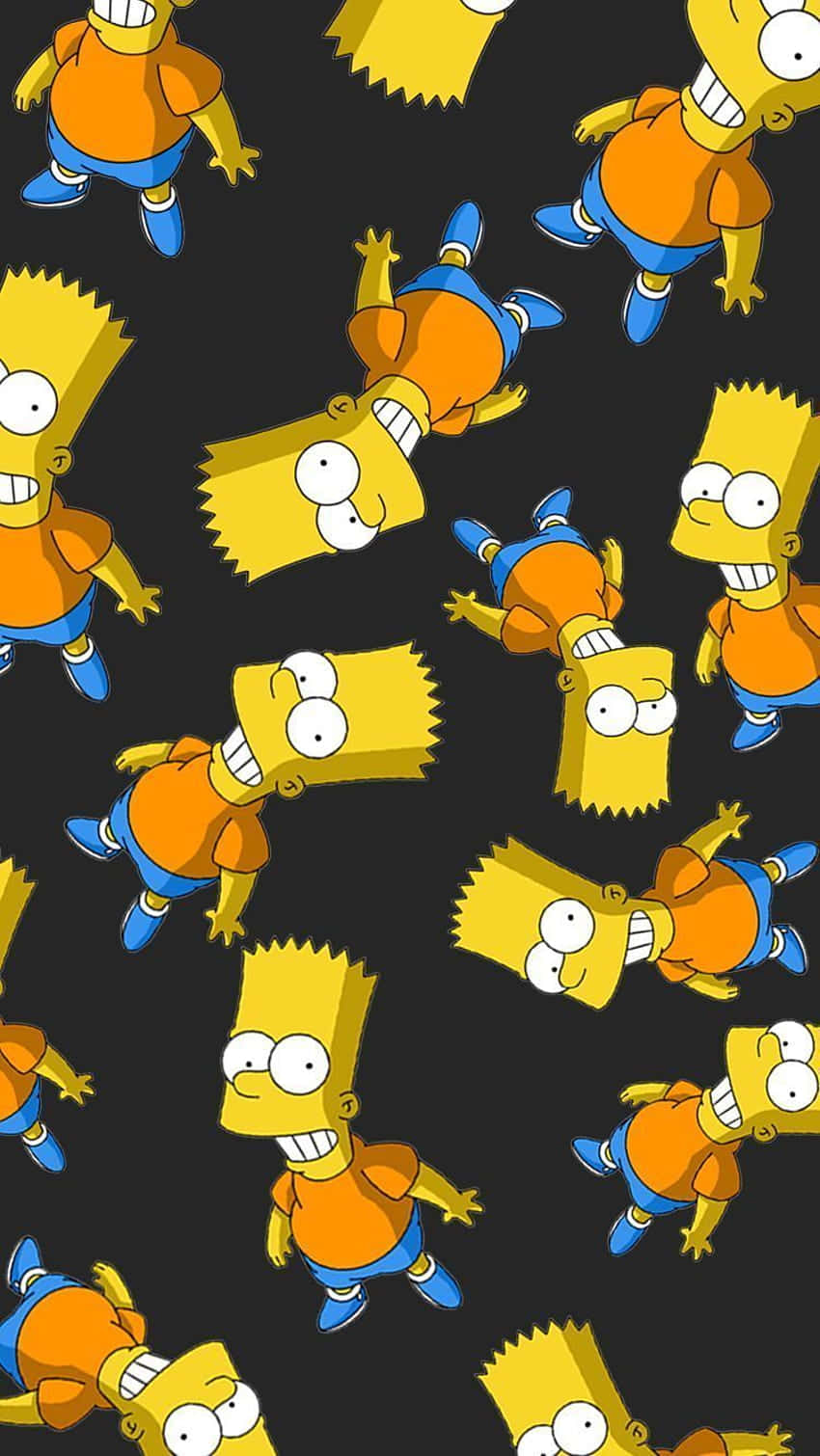 Dope Simpsons 桌布 壁紙 — 重複的卡通角色 Bart Simpson 穿著橙色襯衫和藍色短褲，黑色背景。