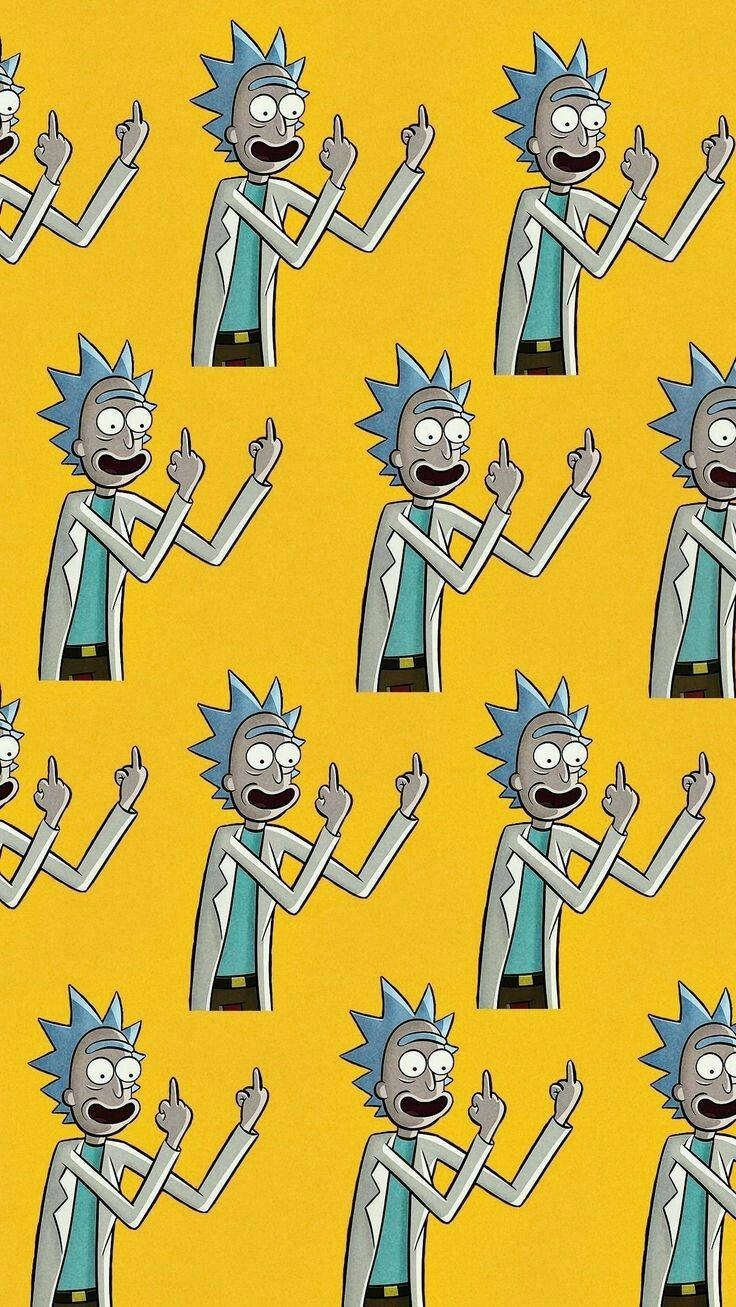 Cartoon 桌布 壁紙 — 重複的卡通角色 Rick Sanchez 身穿白色實驗室外套，在純黃色背景上向上指。