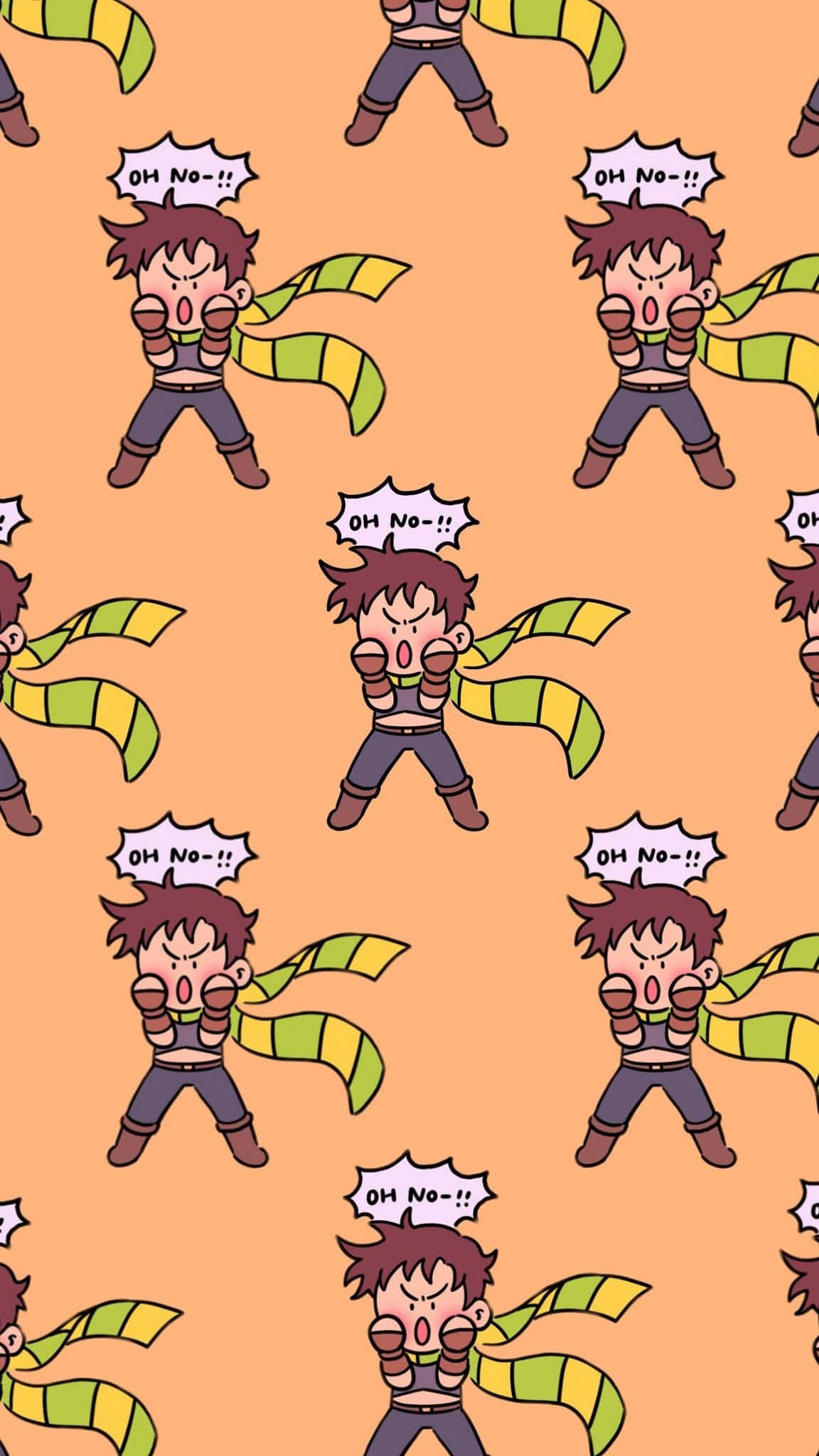 Jjba 桌布 壁紙 — 重複的卡通角色，棕色頭髮，綠色黃色圍巾，對著橙色背景大喊「噢不」。