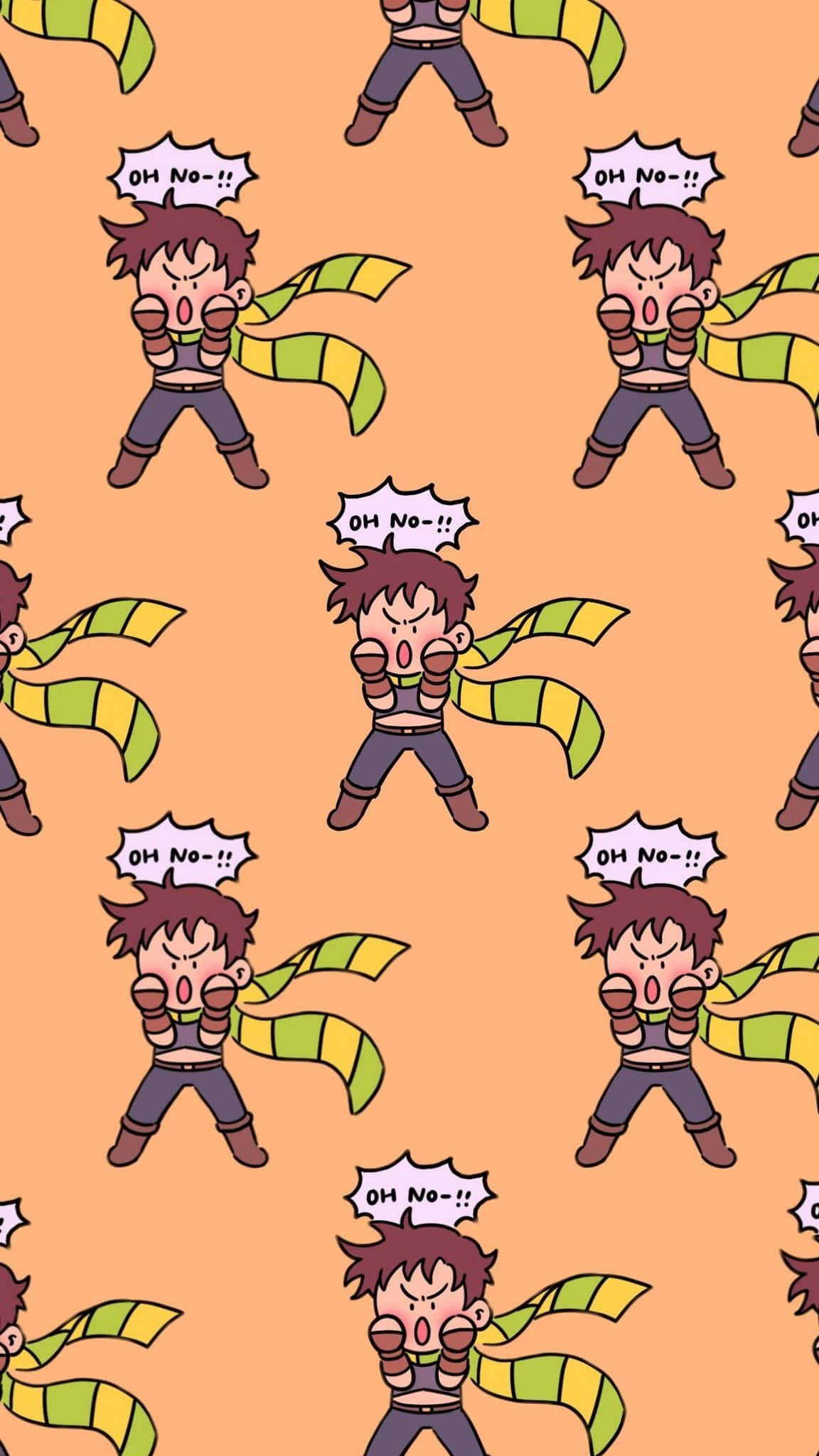 joseph joestar 桌布 壁紙 — 重複的卡通角色，棕色頭髮，綠色黃色圍巾，在橙色背景上大喊「噢不」。
