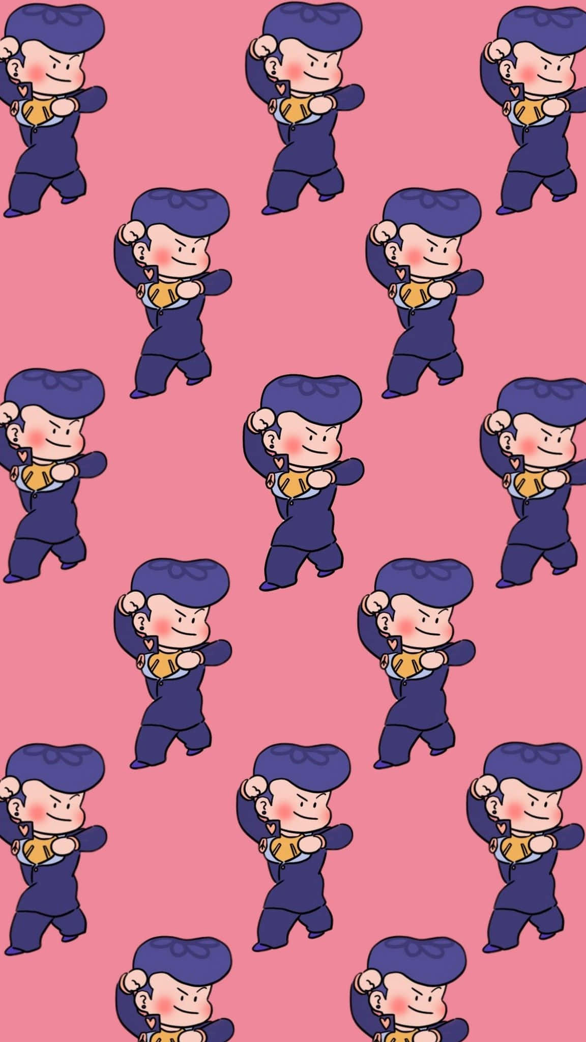 Jojo Meme 桌布 壁紙 — 重複的卡通角色穿著藍色西裝和黃色領帶，在粉紅色背景上自信地擺姿勢。
