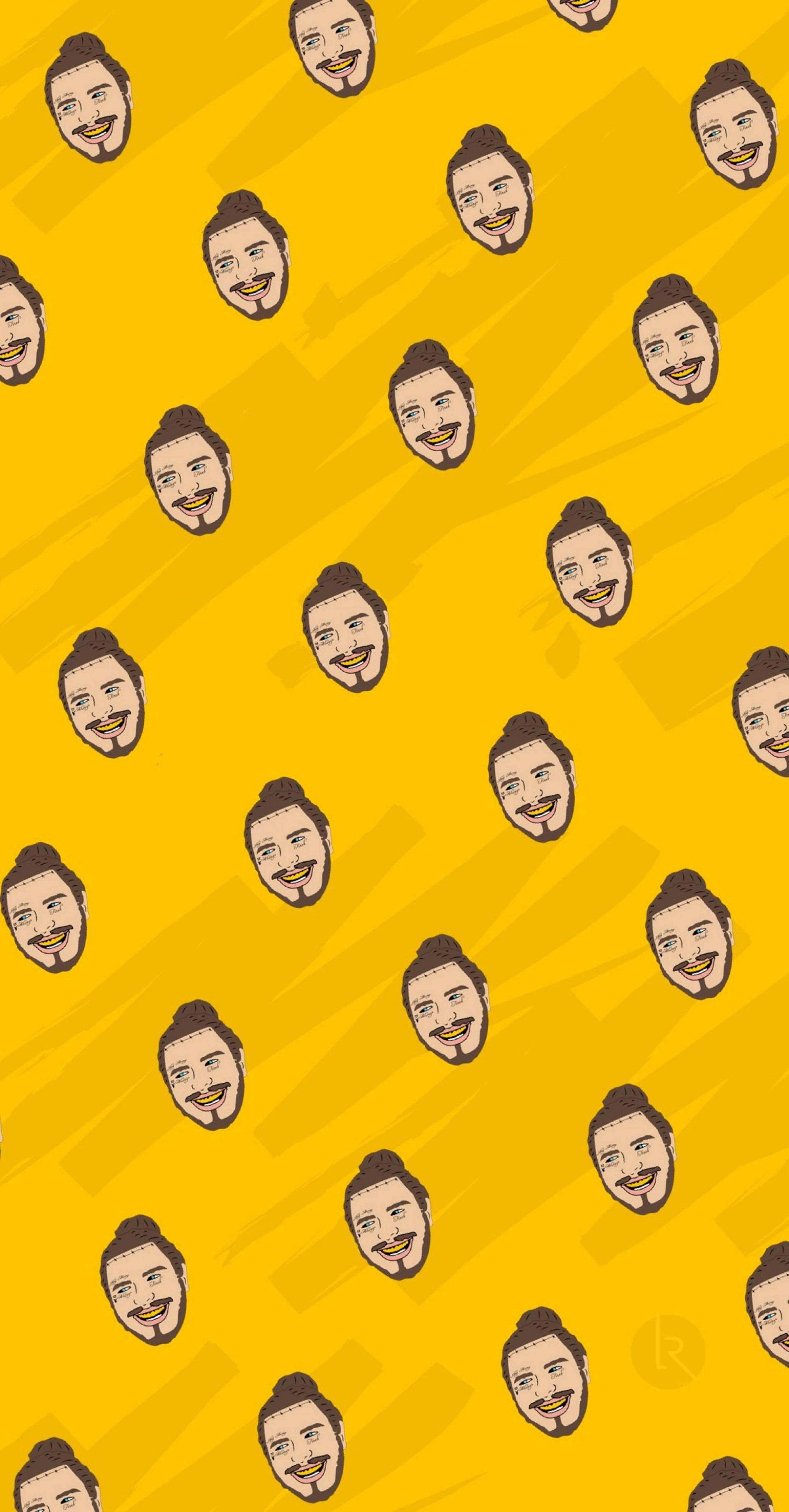 Post Malone 桌布 壁紙 — 重複的卡通面孔，帶有鬍鬚和微笑，在充滿活力的黃色背景上帶有對角線條紋。