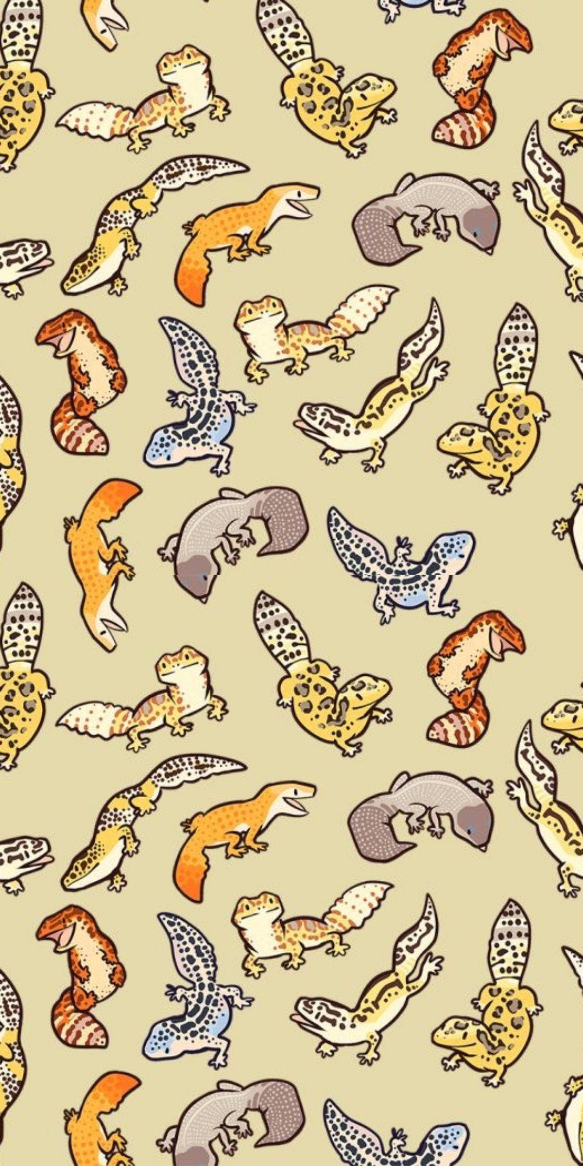 animal kingdom 桌布 壁紙 — 重複的卡通風格壁虎，以橙色、灰色和藍色圖案呈現於米色背景上。