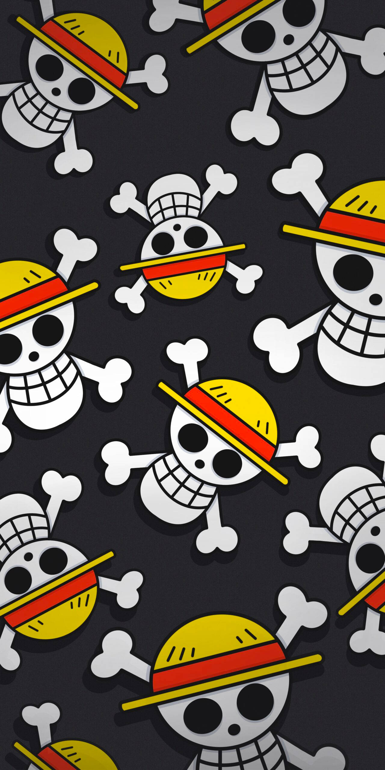 One Piece Logo 桌布 壁紙 — 重複的卡通骷髏頭，戴著帶有紅色帶子的黃色帽子，背景為深色。