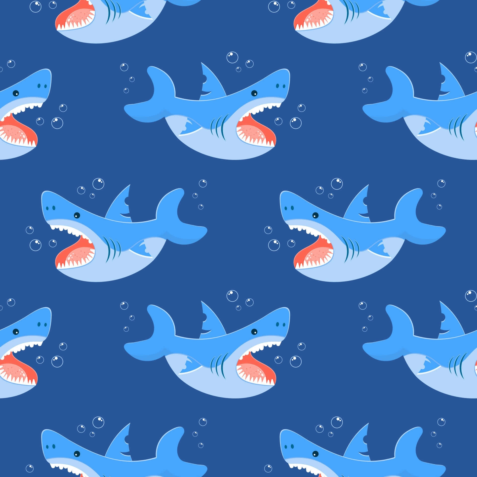 鯊魚 桌布 壁紙 — 重複的卡通鯊魚張開嘴巴並帶著氣泡在深藍色背景上游動。