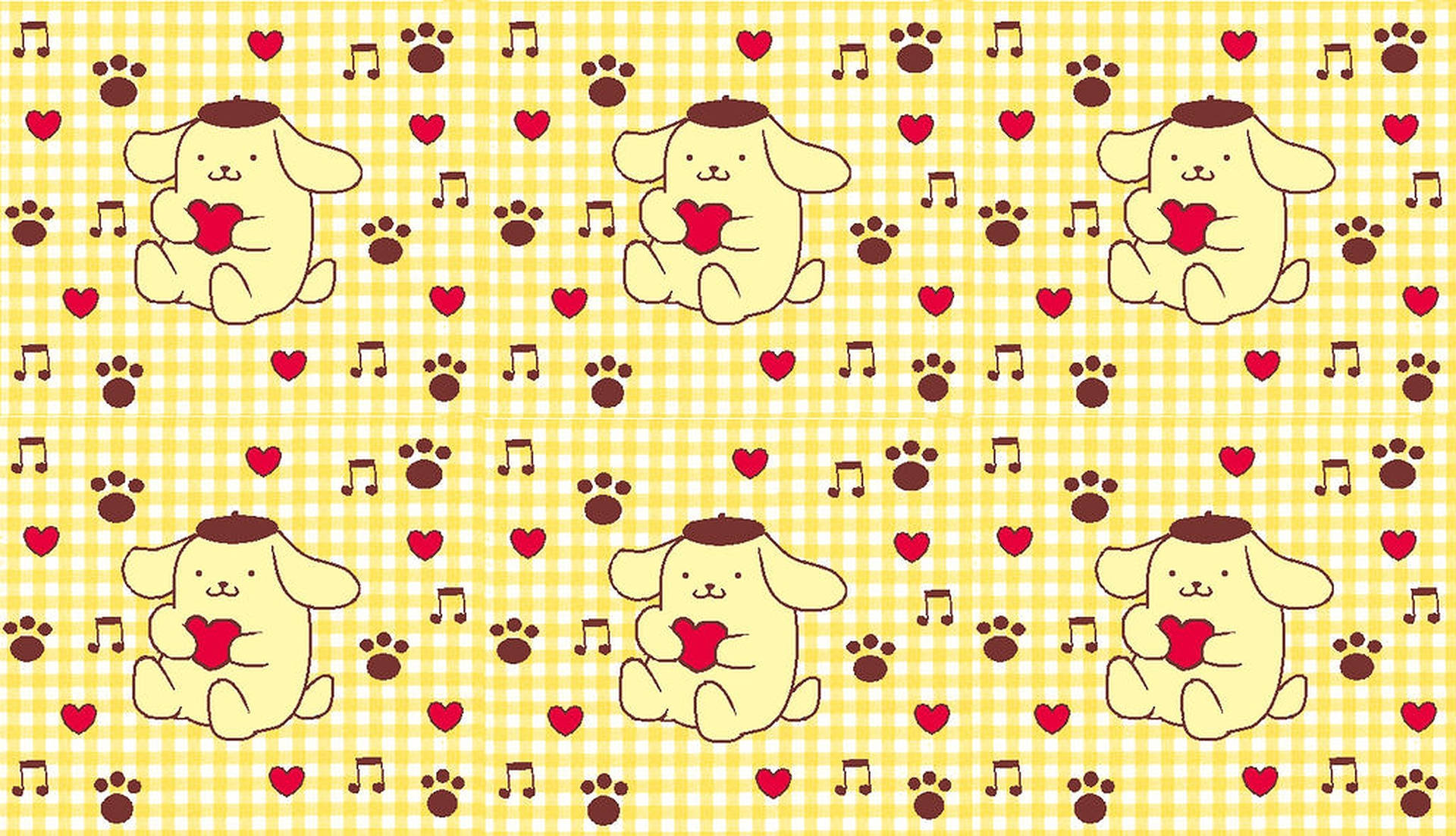 Pompompurin HD 桌布 壁紙 — 重複的可愛卡通小狗圖案，在黃色格子布上拿著紅色心形，並帶有音符和腳印。