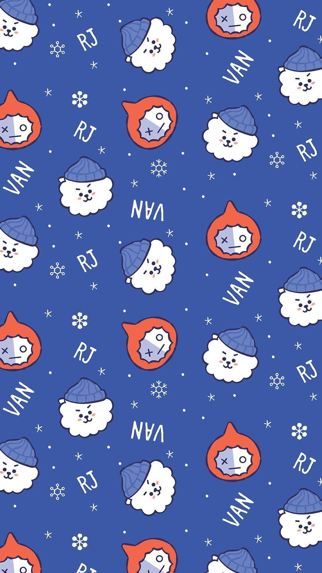 藍色桌布，重複的卡通雪人和雪球戴著帽子。 — BT21 GIF 壁紙