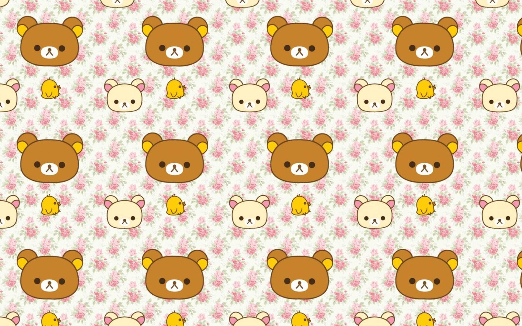 Cute Bear 桌布 壁紙 — 重複的可愛棕色和奶油色小熊與黃色小雞圖案，背景為花卉。