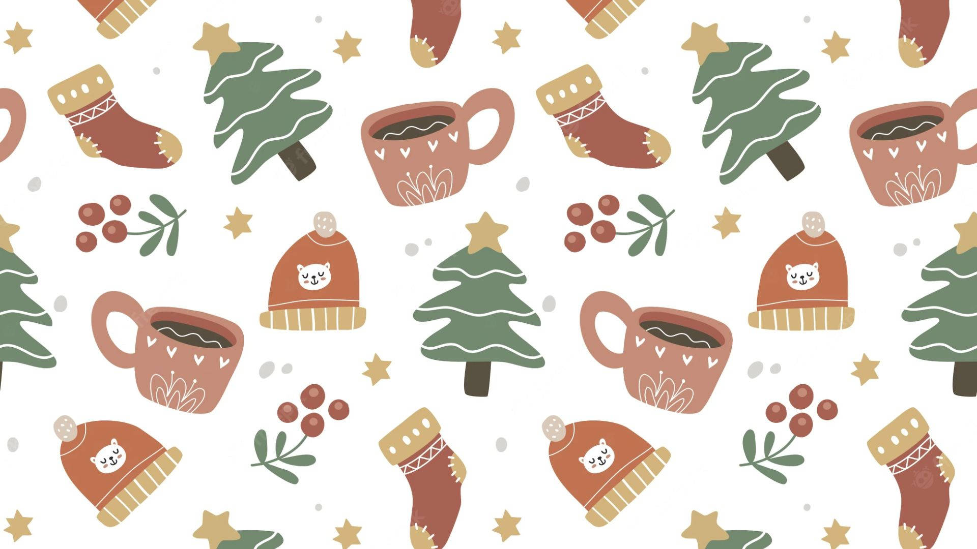Kawaii Christmas 桌布 壁紙 — 重複的圖案，包含舒適的冬季物品，如松樹、熱可可杯和帶有可愛熊帽的節日襪子，在白色背景上。