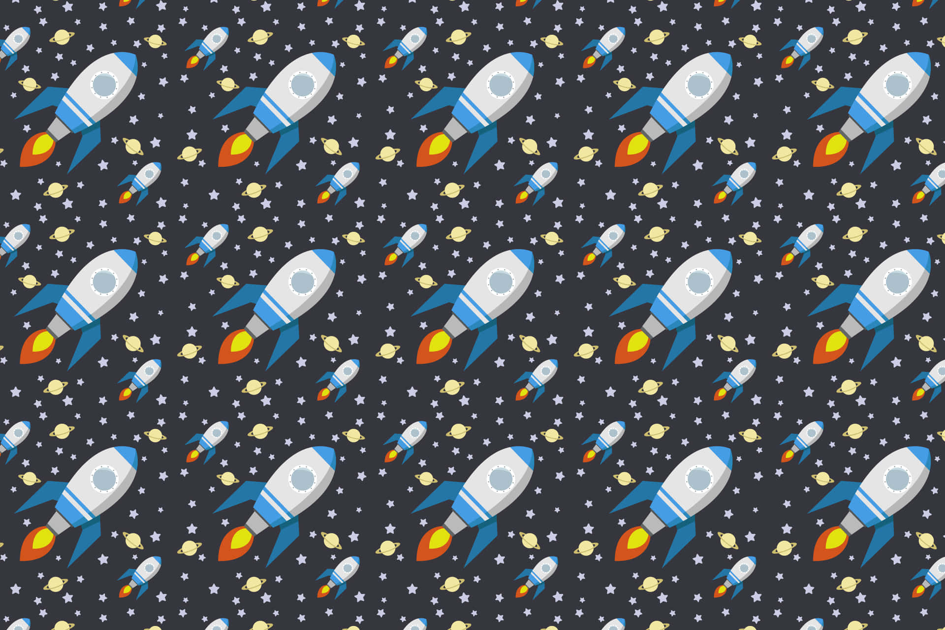 Rocket Pattern 壁紙 — 重複的圖案，卡通火箭帶有橙色火焰，在深灰色背景上飛過白色星星和黃色行星。
