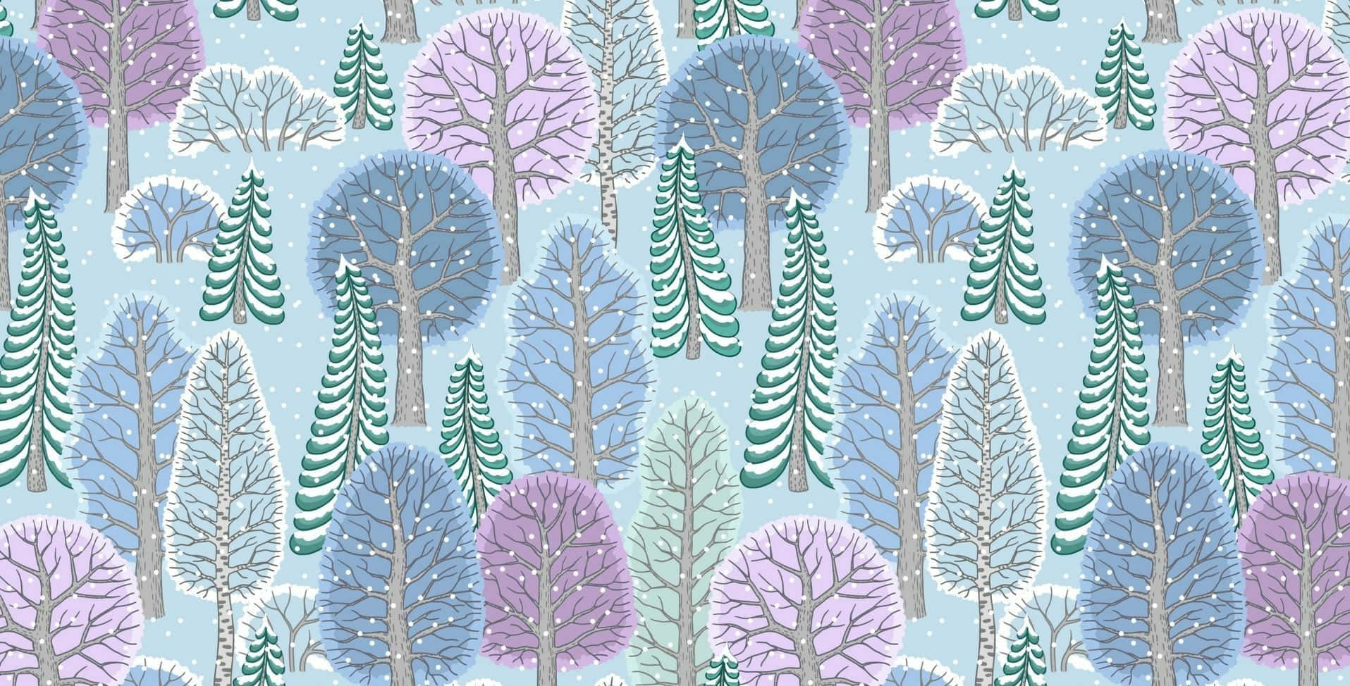 Cute Winter 桌布 壁紙 — 重複的圖案，由紫色、藍色和藍綠色的風格化樹木組成，背景為淺藍色雪地。