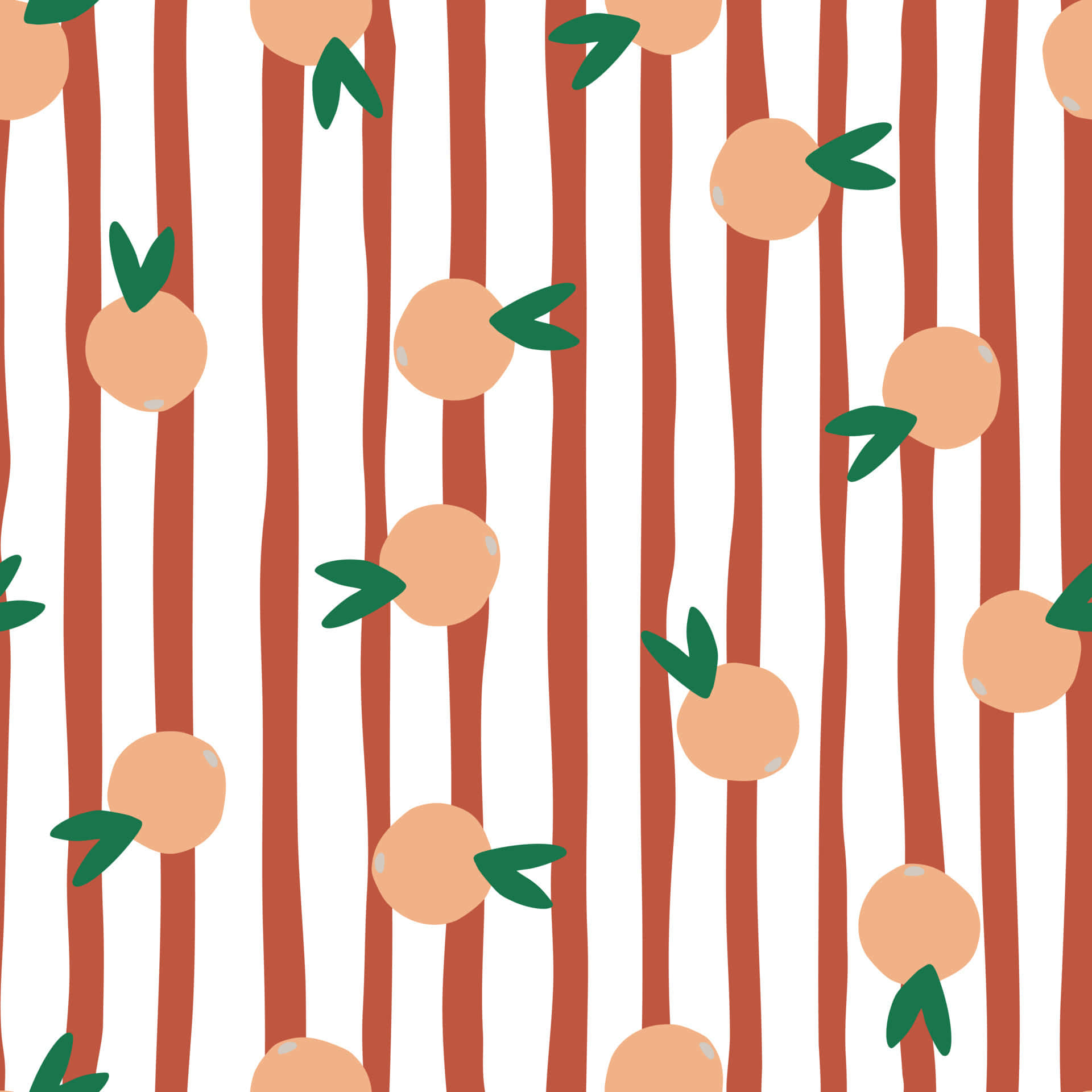 Cute Stripes 桌布 壁紙 — 重複的圖案，由風格化的橙色水果和綠色葉子組成，背景為大膽的紅白垂直條紋。