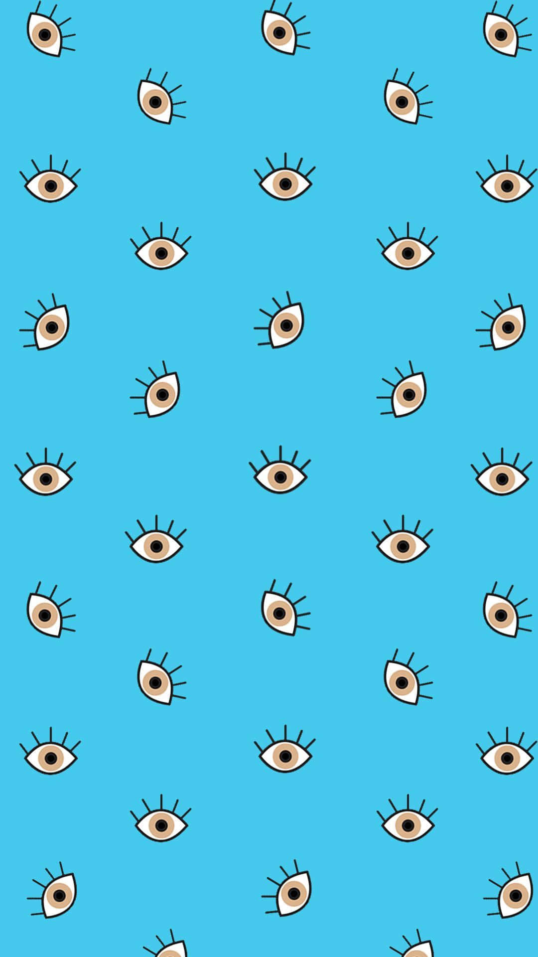Evil Eye 桌布 壁紙 — 重複的圖案，風格化的卡通眼睛，帶有黑色睫毛，在純藍綠色背景上。