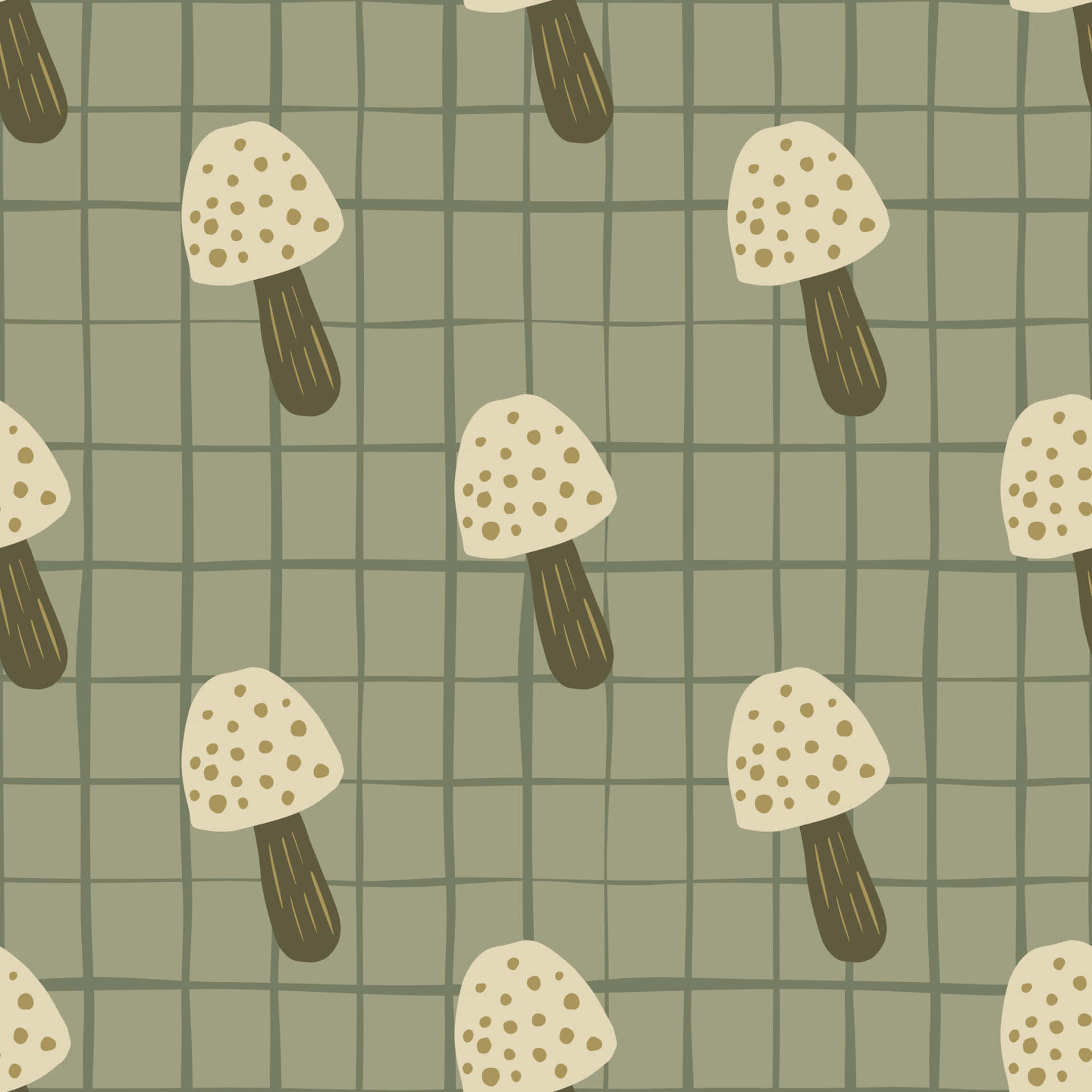 Mushroom Art 桌布 壁紙 — 重複的圖案，風格化的蘑菇帶有斑點菌蓋，背景為柔和的綠色網格。