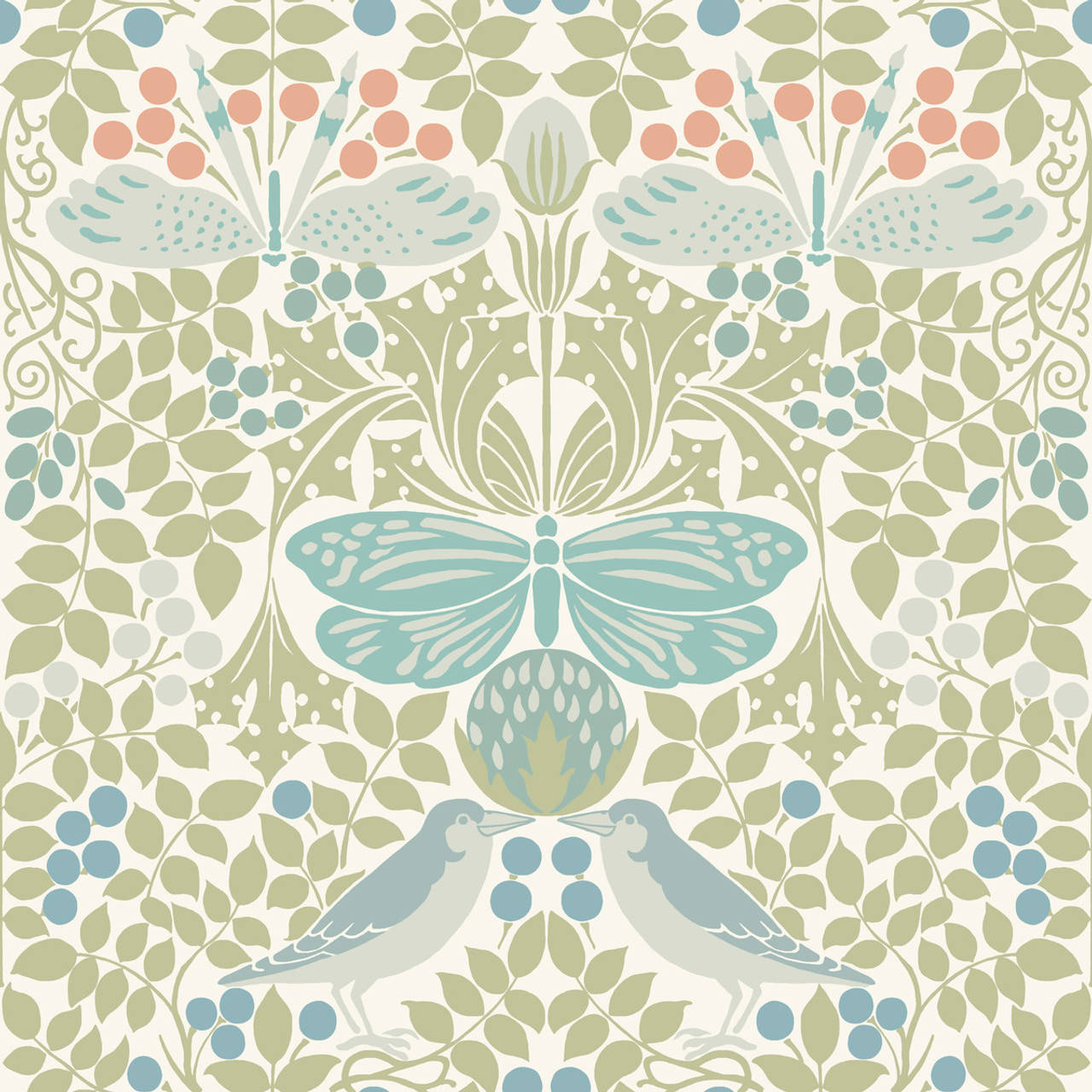 Pastel Butterfly 桌布 壁紙 — 重複的壁紙圖案，以柔和鼠尾草綠、藍綠色和珊瑚色調呈現風格化的鳥類、蝴蝶和樹葉。