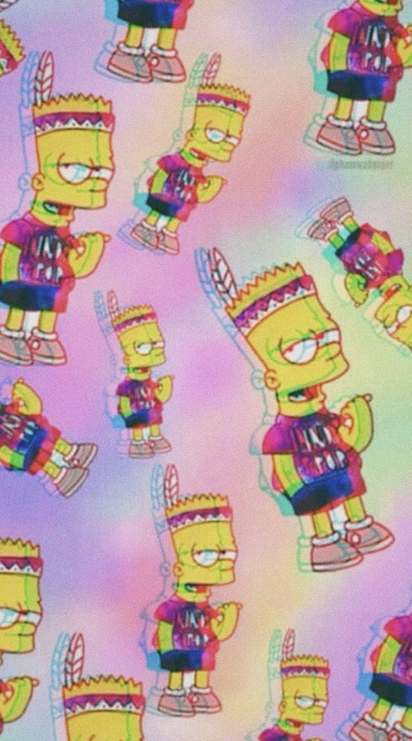 Tumblr 文青風 桌布 壁紙 — 重複的巴特·辛普森角色穿著彩虹服飾，漂浮在柔和的粉彩漸變背景上。