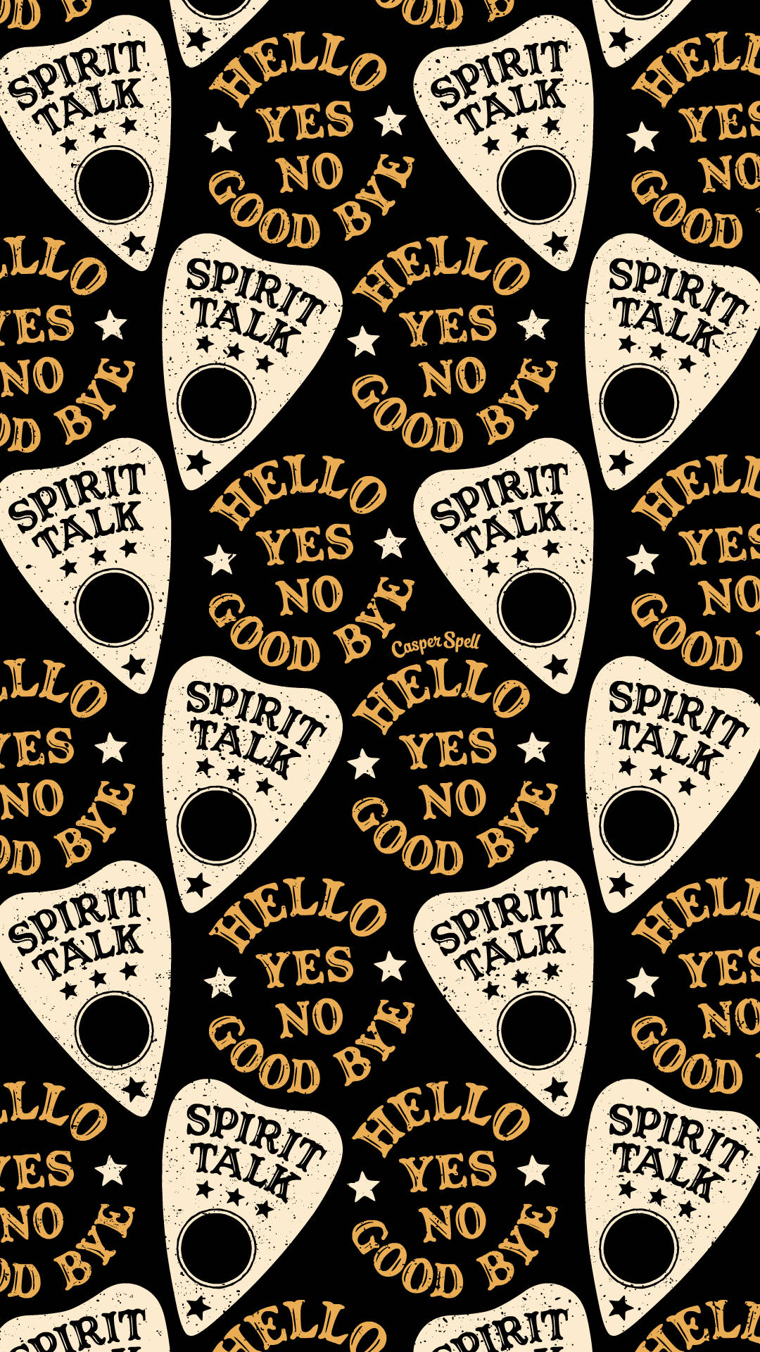 白色 桌布 壁紙 — 重複的復古風格 spirit talk 吉他撥片，帶有 hello yes no good bye 文字，黑色背景。